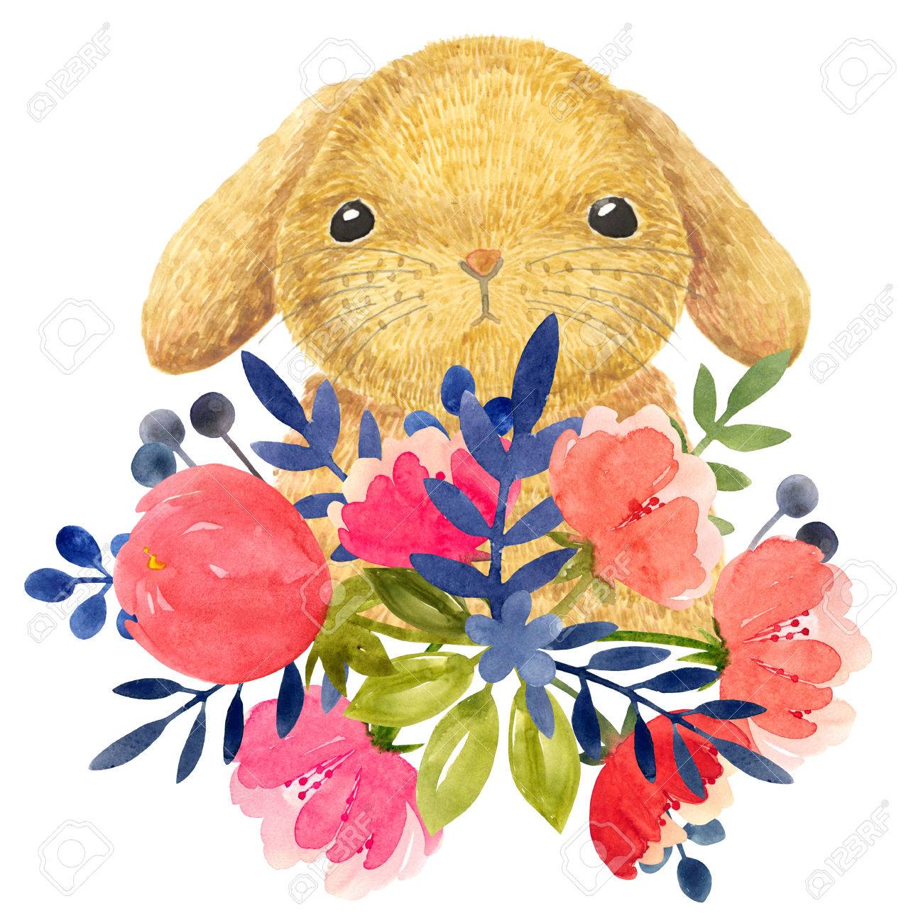 小さなウサギと牡丹の葉と水彩イラスト 美しいウサギと白い背景の花です 子供のイラスト の写真素材 画像素材 Image