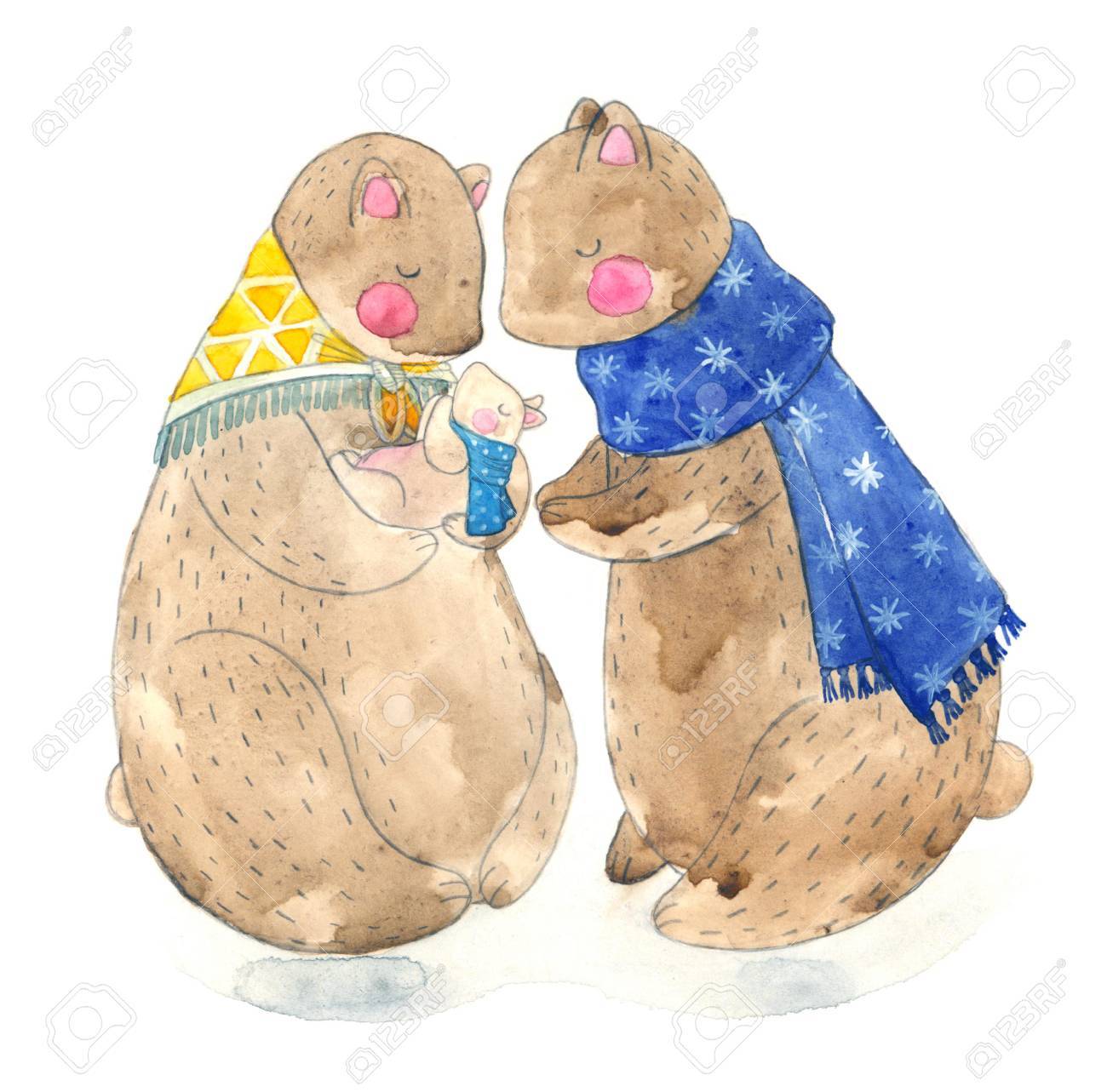 クマのかわいい家族の水彩イラスト お母さんお父さんと赤ちゃんのテディベア の写真素材 画像素材 Image