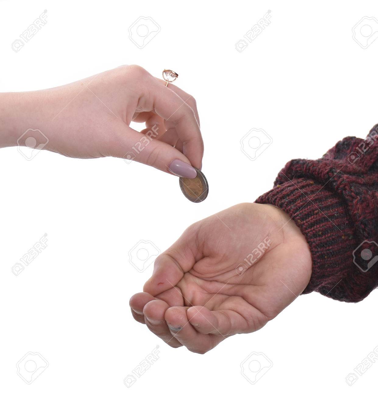 Senior Man Begging For Alms. Woman Gives Money To Poor Man. Posing In  Studio On A White Background Stock Photo, Picture and Royalty Free Image.  Image 72426172., image size:1241x1300