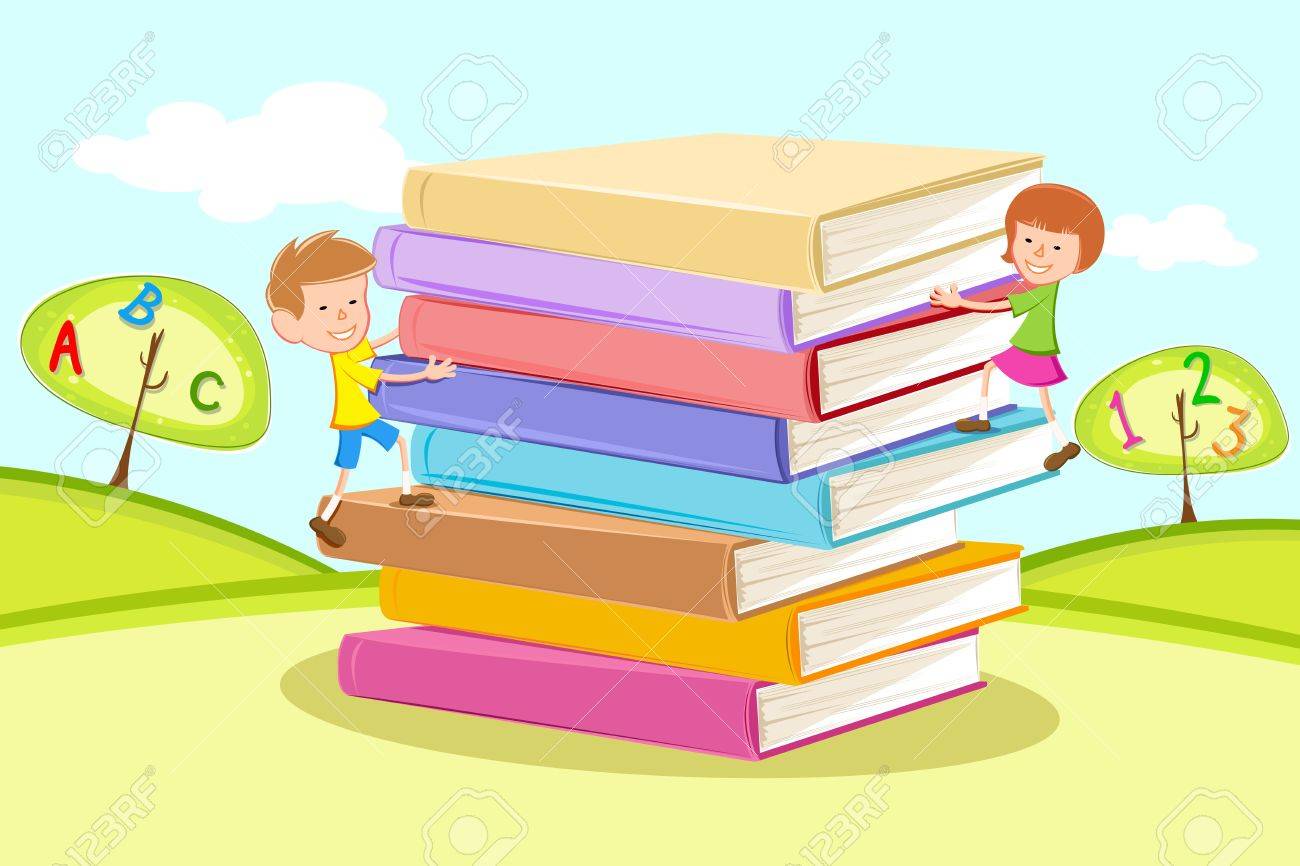 illustration of kids climbing on pile of books in natural background
