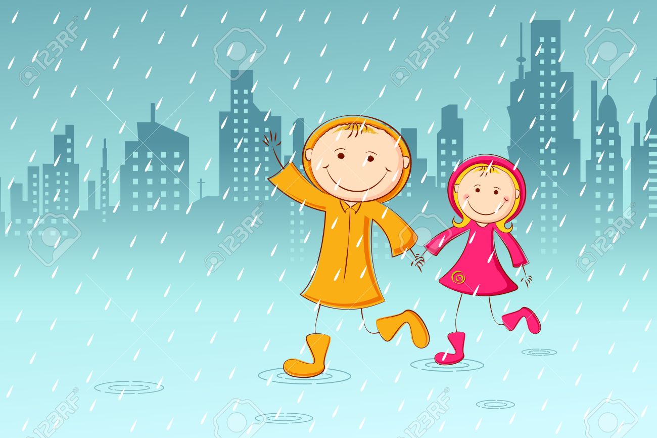 Illustration Of Kids Playing In Rainy Day With Cityscape ...