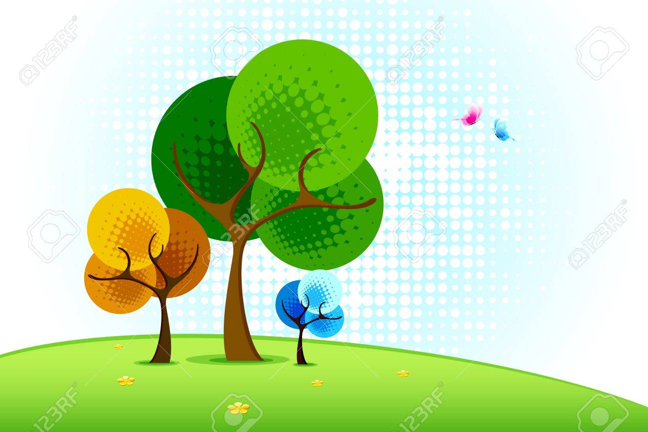 ハーフトーン スタイルの風景の中の木のイラストのイラスト素材 ベクタ Image
