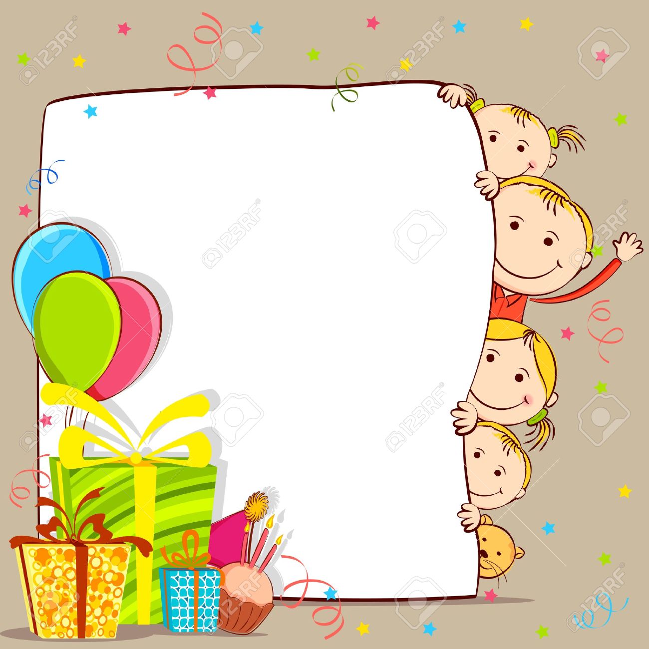 illustration of kids peeping behind birthday card with gift and birthday card for kids