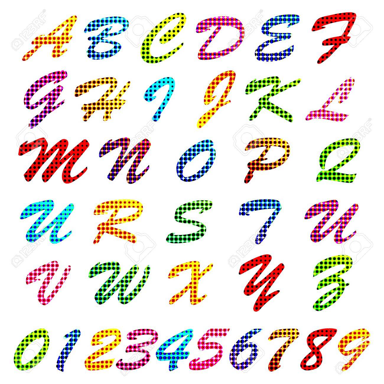 Abc のアルファベットとカラフルなパターンの数のセットのイラストのイラスト素材 ベクタ Image