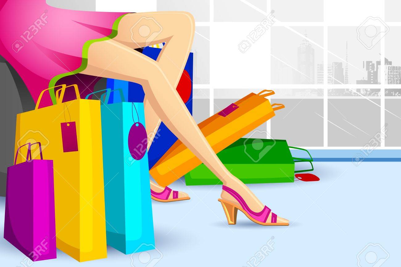 カラフルなキャリー バッグ販売で買い物をしている女性のイラストのイラスト素材 ベクタ Image