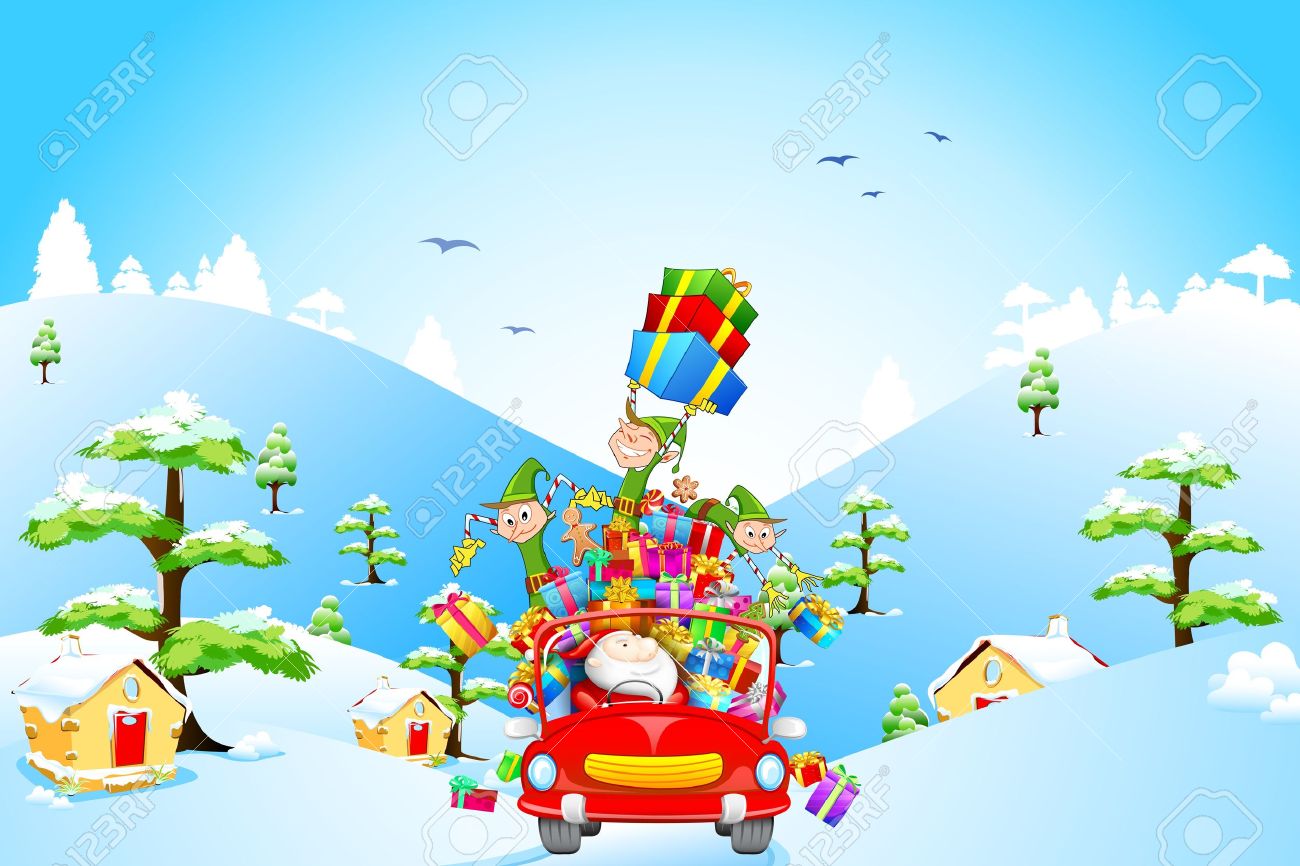 illustration of Elf throwing Christmas gifts from car with Santa Claus - 16125100 illustration of Elf throwing Christmas gifts from car with Santa Claus - 16125100