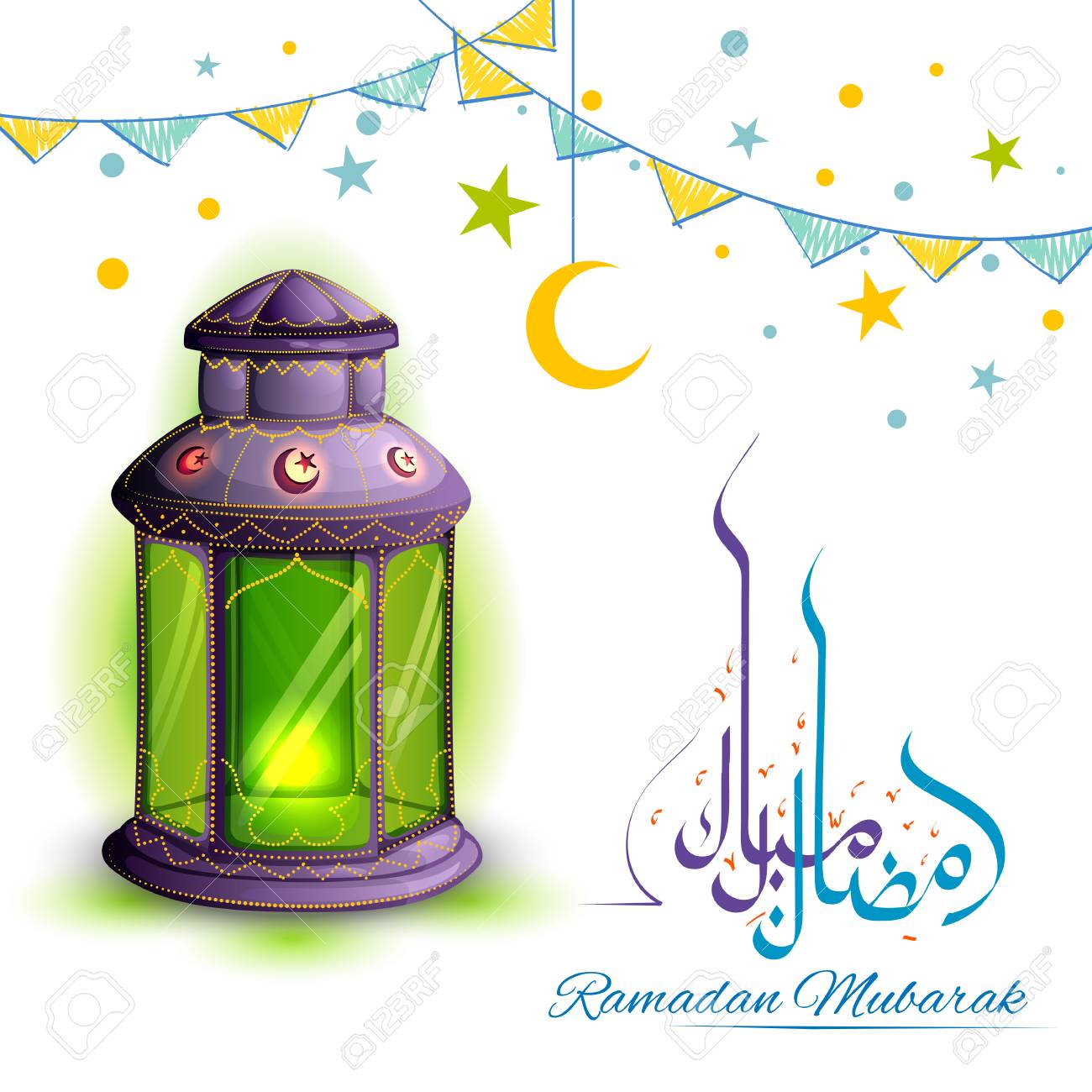 アラビア語の照明ランプとフリーハンドでラマダンムバラク挨拶のイラストのイラスト素材 ベクタ Image