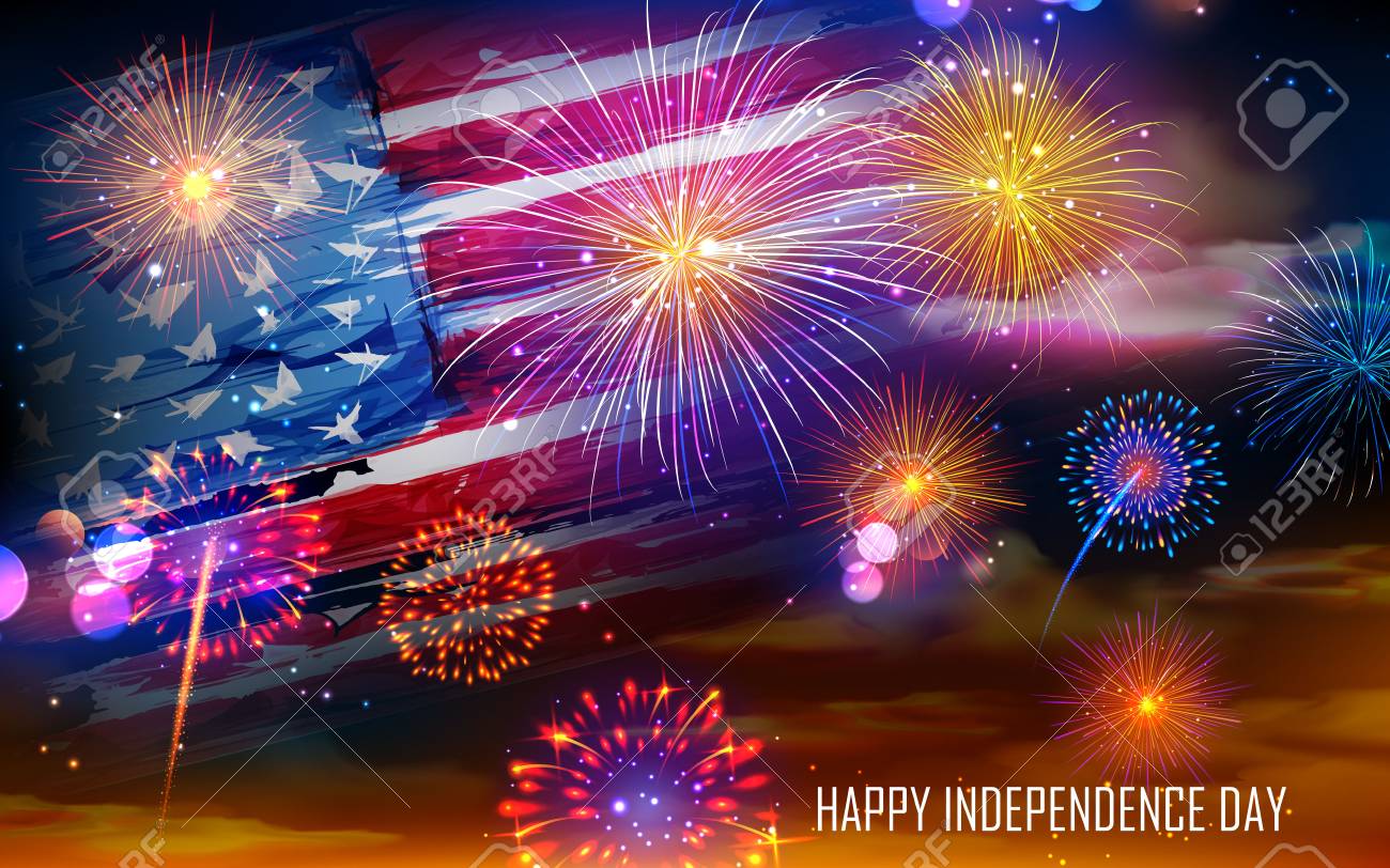 7 月 4 日のお祝いの花火の背景にアメリカ合衆国の国旗のイラストのイラスト素材 ベクタ Image
