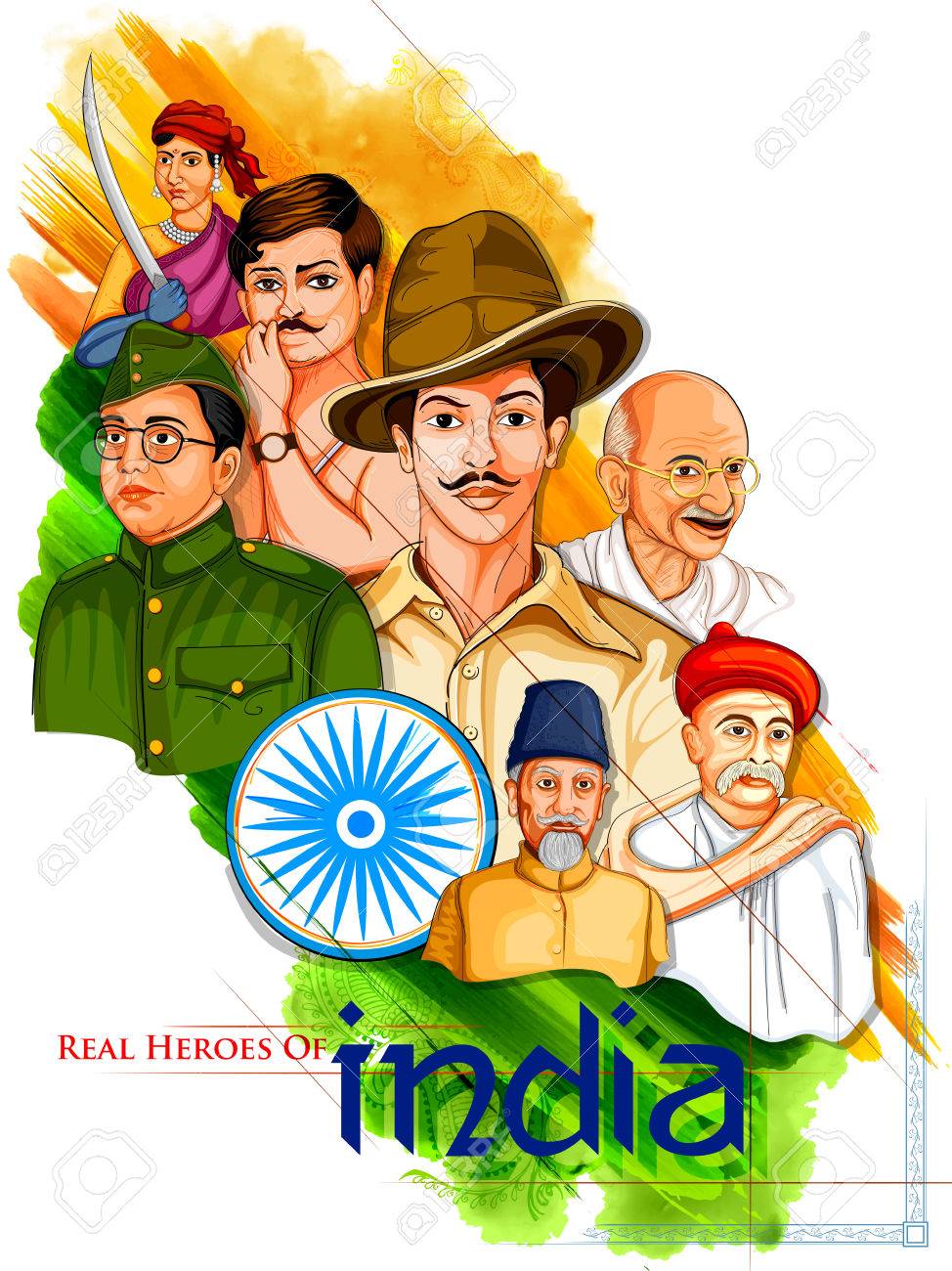 Illustration of Tricolor India background with Nation Hero and Freedom Fighter like Mahatma Gandhi, Bhagat Singh, Subhash Chandra Bose for Independence Day - 82518201 Illustration of Tricolor India background with Nation Hero and Freedom Fighter like Mahatma Gandhi, Bhagat Singh, Subhash Chandra Bose for Independence Day - 82518201