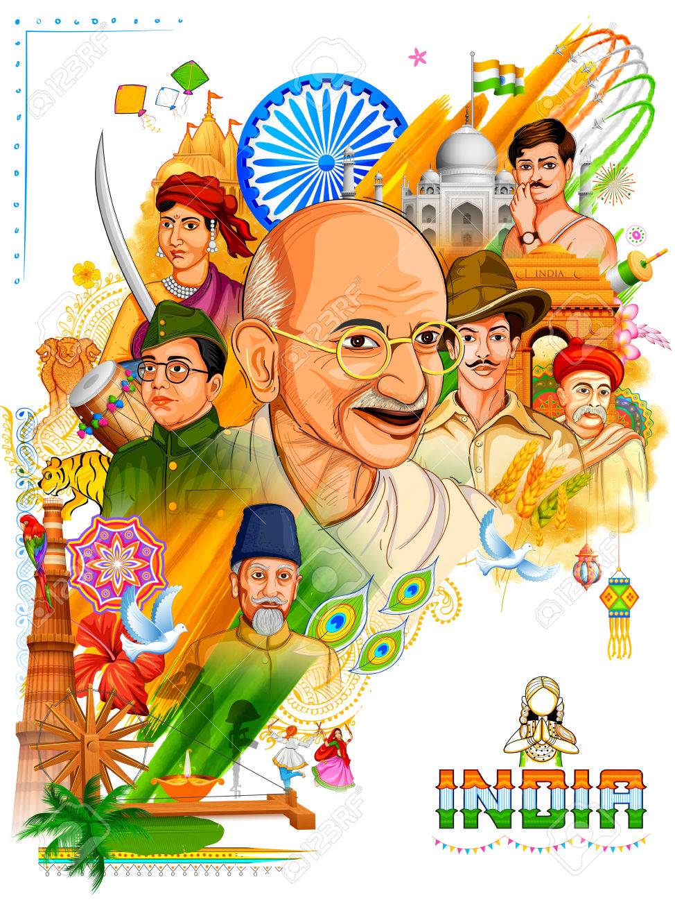Illustration of Tricolor India background with Nation Hero and Freedom Fighter like Mahatma Gandhi, Bhagat Singh, Subhash Chandra Bose for Independence Day - 82518202 Illustration of Tricolor India background with Nation Hero and Freedom Fighter like Mahatma Gandhi, Bhagat Singh, Subhash Chandra Bose for Independence Day - 82518202