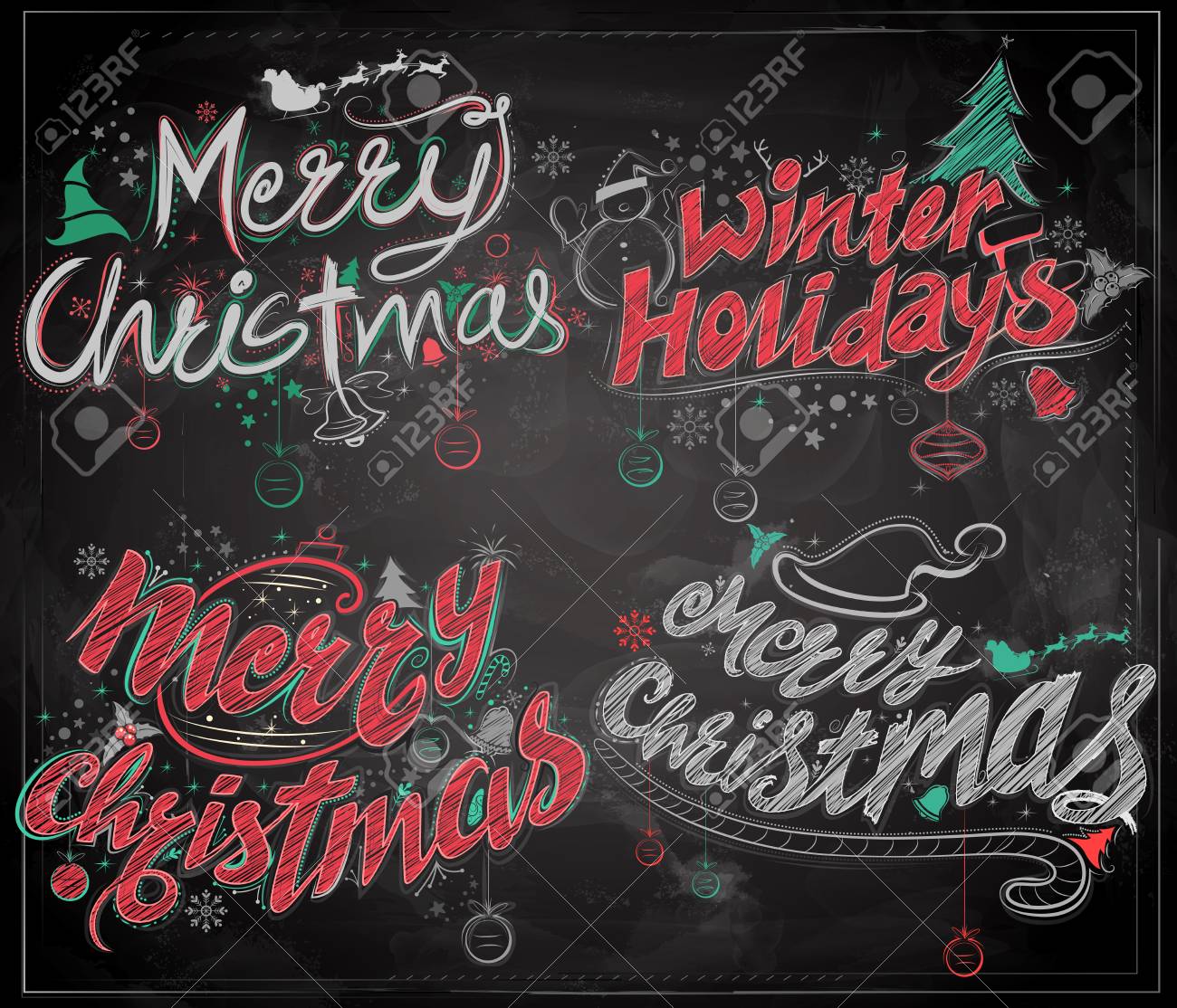 メリークリスマスと冬の休日のイラストチョークレタリングデザインセットタイポグラフィスタイルグリーティングブラックボードの背景のイラスト素材 ベクタ Image