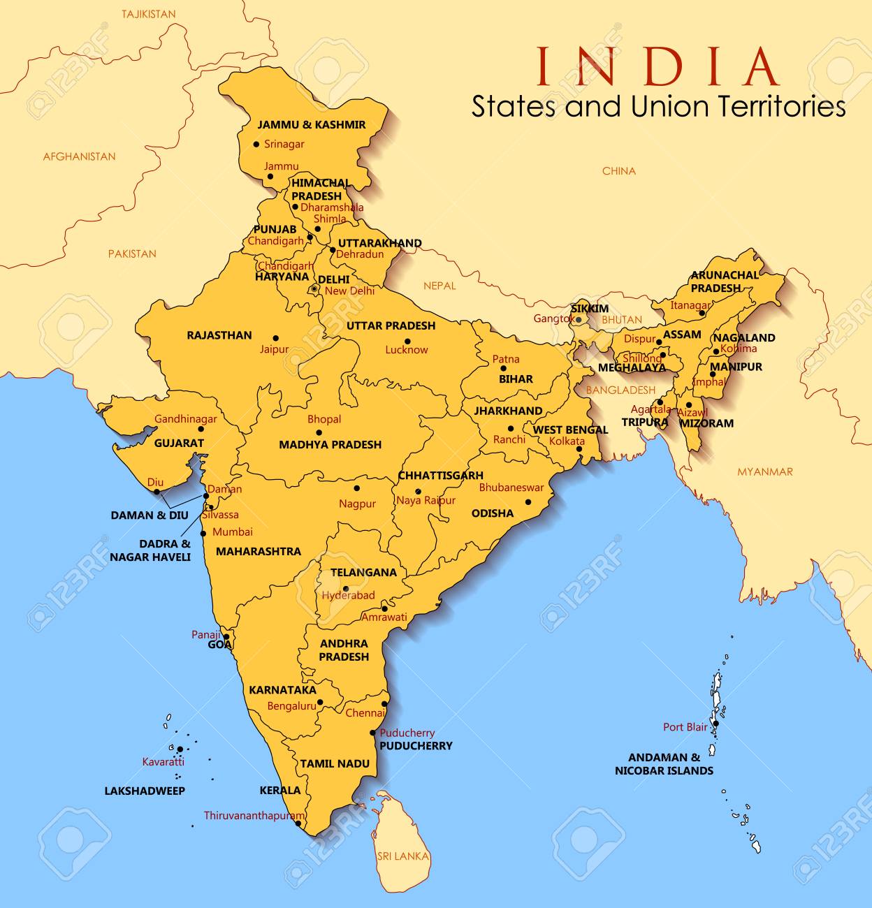 detailed map of india asia with all states and country boundary stock vector 92179651