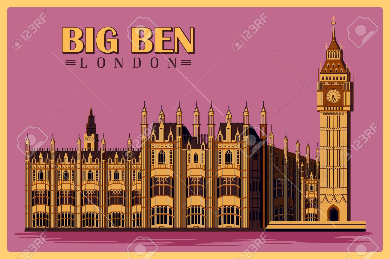 Vintage Poster Of Big Ben In London Famous Monument Of United Royalty Free Cliparts Vectors And Stock Illustration Image
