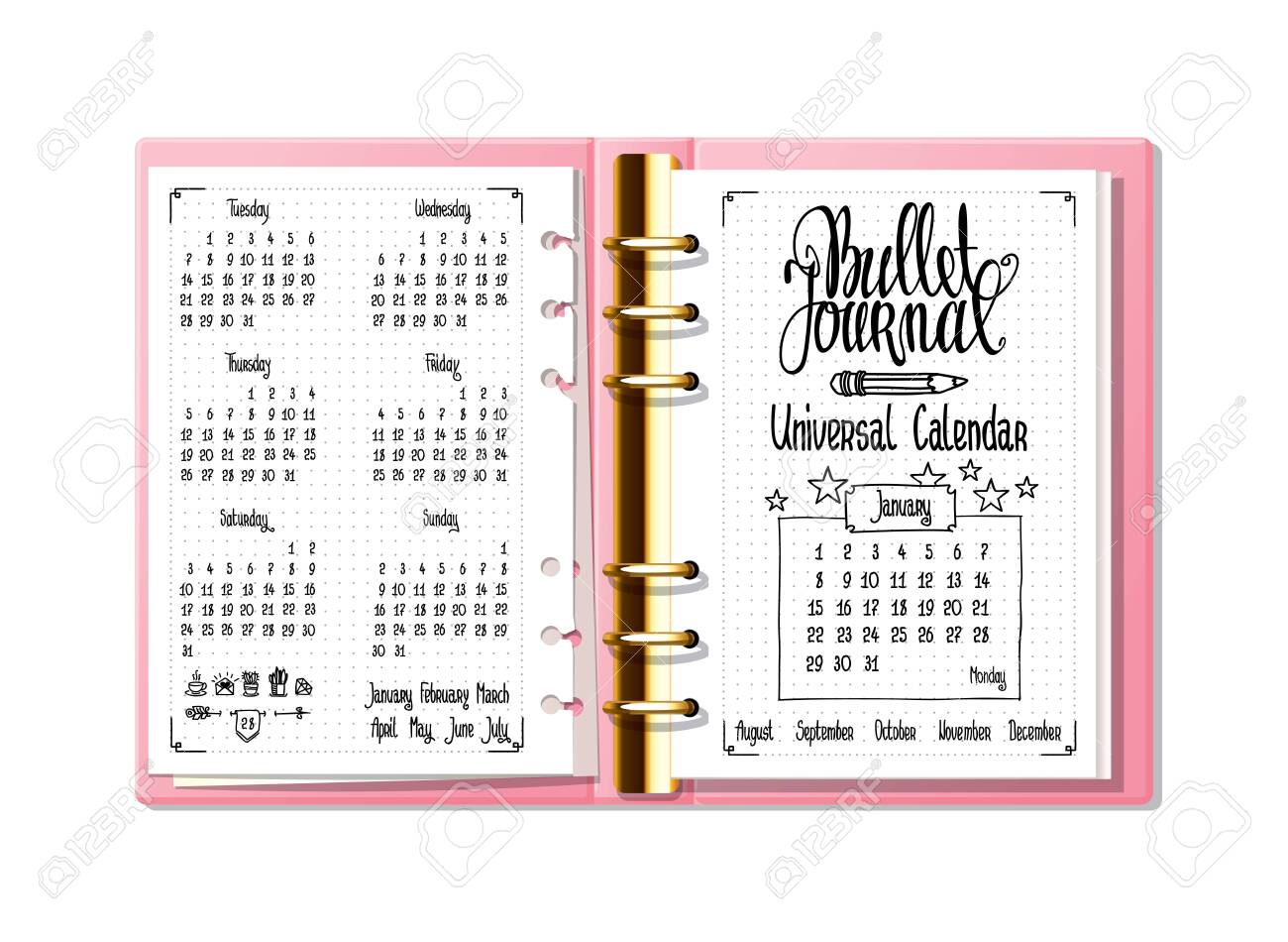 Download Bullet Journal Universal Calendar Hand Written Calendar Names Royalty Free Cliparts Vectors And Stock Illustration Image 135039294