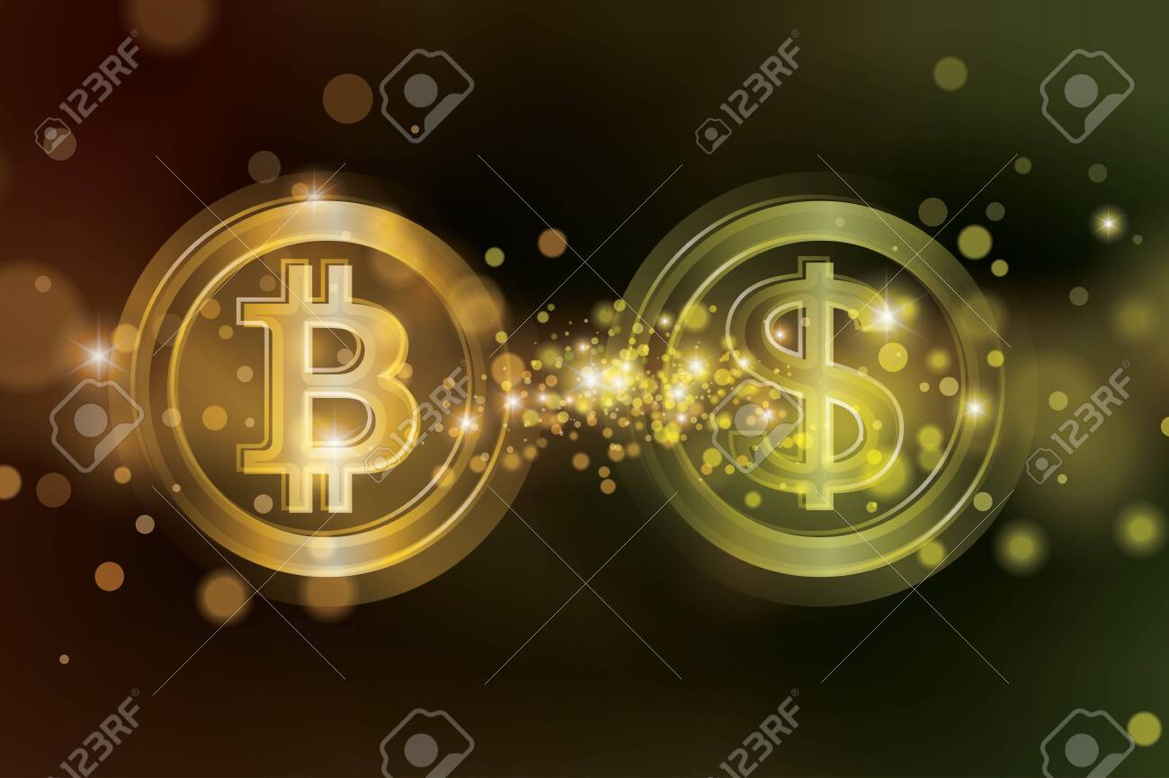 Intercambia Bitcoins Por USD. Venta De Bitcoin Por Dólares. Tasa De Venta  De Bitcoin. Moneda De Bitcoin Y Dólar Con Fondo Borroso De Polvo De  Estrellas De Oro. Ilustración De Vector De