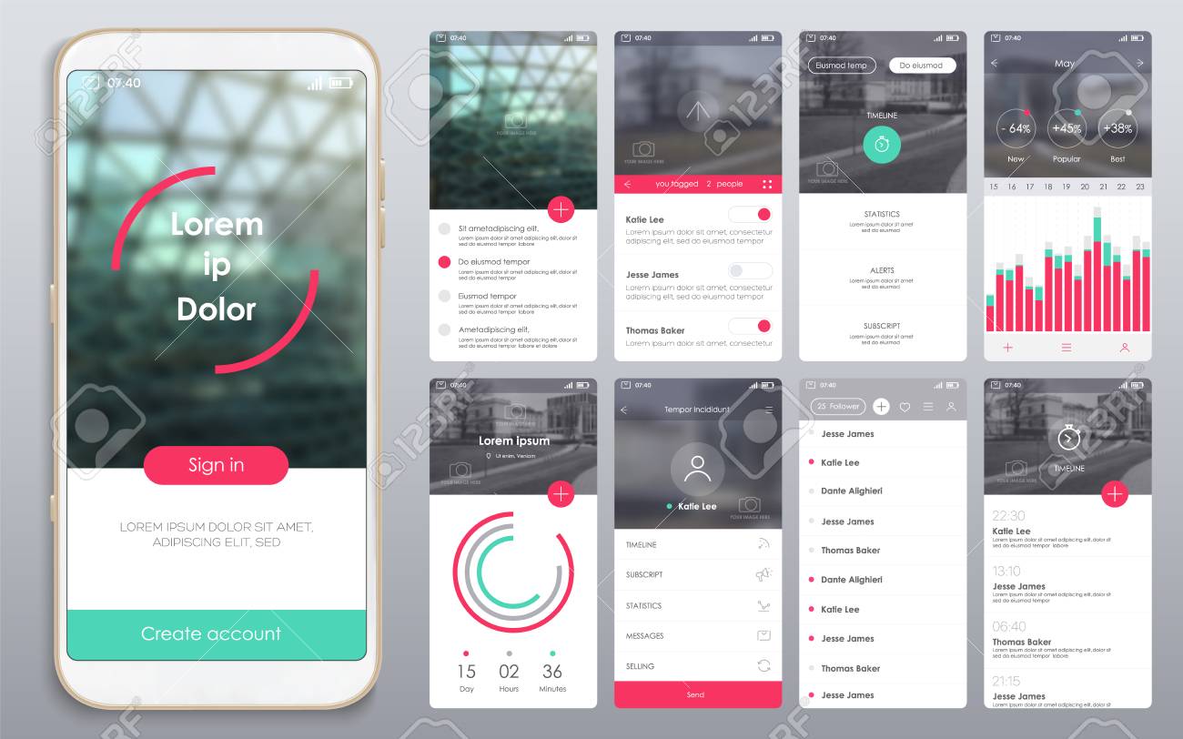 Design Of The Mobile Application Ui Ux A Set Of Gui Screens With Login And Password Input Home Page News Feed Rating And Statistics Settings And Payment Screens Royalty Free Cliparts Vectors Design Of The Mobile Application Ui Ux A Set Of Gui Screens With Login And Password Input Home Page News Feed Rating And Statistics Settings And Payment Screens Royalty Free Cliparts Vectors