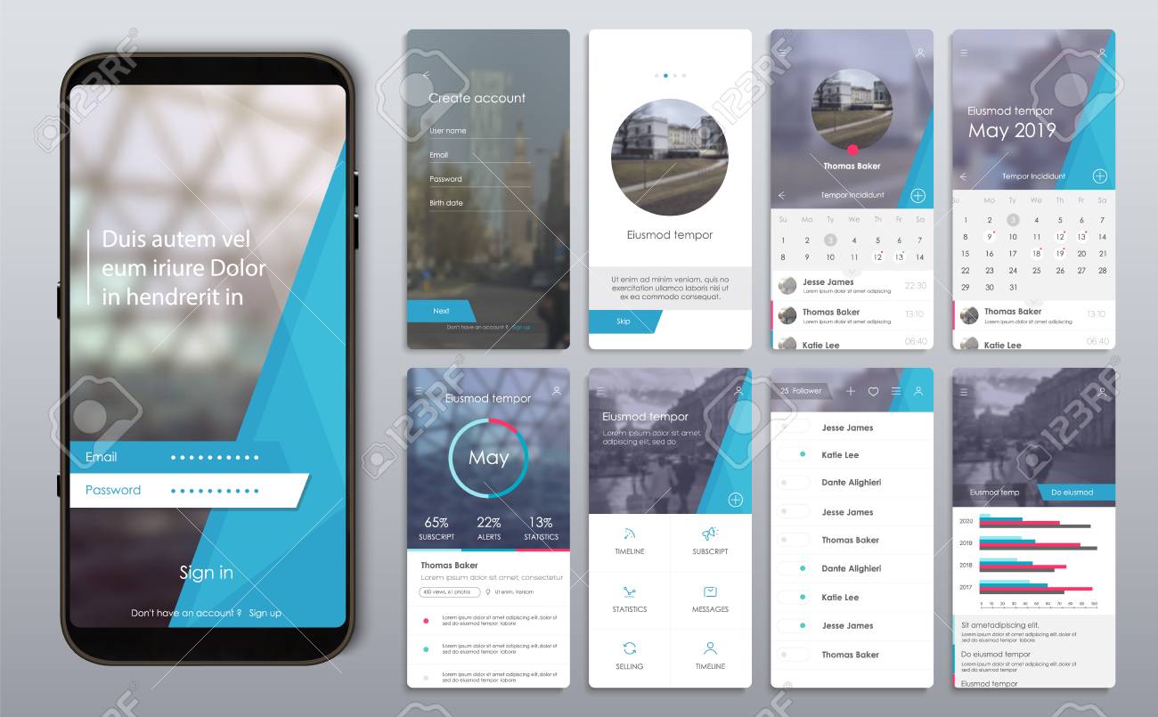 Design Of The Mobile Application Ui Ux A Set Of Gui Screens With Login And Password Input Home Page News Feed Rating And Statistics Settings And Payment Screens Royalty Free Cliparts Vectors Design Of The Mobile Application Ui Ux A Set Of Gui Screens With Login And Password Input Home Page News Feed Rating And Statistics Settings And Payment Screens Royalty Free Cliparts Vectors