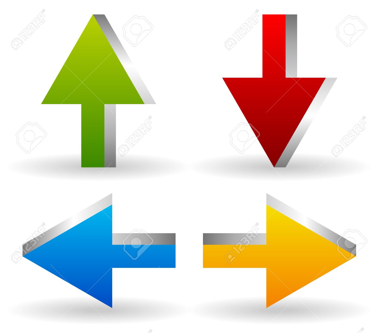 Vector Illustration Of Bright 3d Arrows, Arrow Icons Pointing Up, Down,  Left And Right (Green, Red, Blue And Yellow, Orange In Colors). Royalty Free  SVG, Cliparts, Vectors, and Stock Illustration. Image 36350768., image size:1300x1145