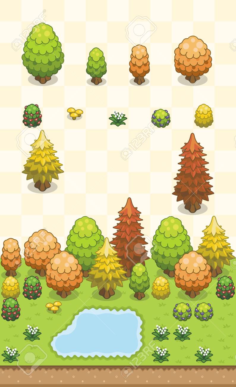 Temperate Forest Plants Set (pine Tree, Generic Tree, Berry Bushes) In  Autumn On Oblique Projection. Images Are Designed To Align Into Square Grid  For Easy Game Tile-mapping. Клипарты, SVG, векторы, и Набор