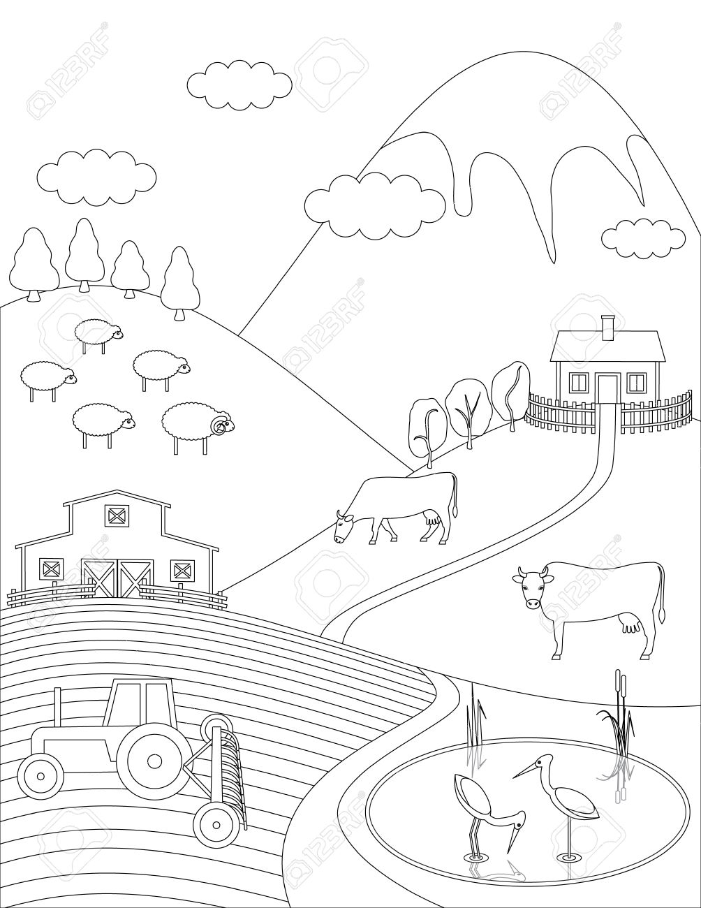 Dibujo Para Colorear Campo Fondo Granja. Animales Aves árboles ...