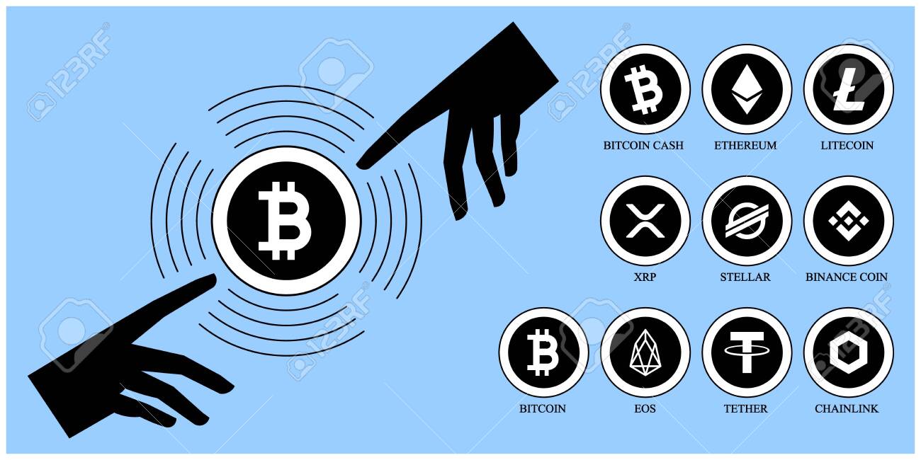 Illustration Vector Set Of Top 10 Cryptocurrency Logos And Illustration Of  Two Men?s Index-fingers Try To Connect By Touching Bitcoin - Good For  Bitcoin And Cryptocurrency-related Content, Movement, Trading, Mining,  Exchange, Etc.