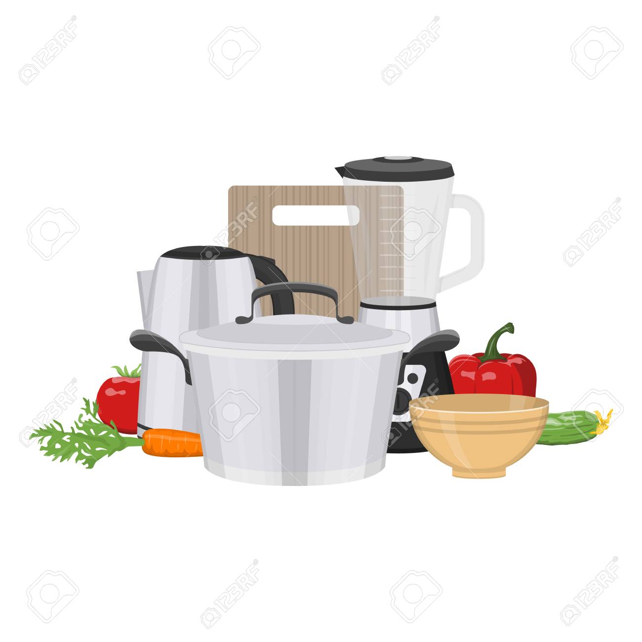 キッチン用品 テーブルの上の器具のベクトル イラスト キッチンとトピックの準備食品 のイラスト素材 ベクタ Image