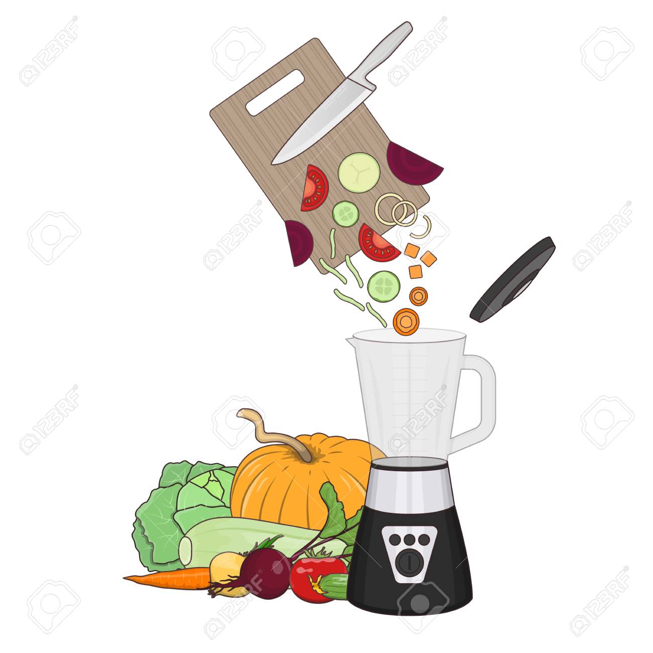 白い背景の上のミキサーで刻んで野菜のベクター イラストです 健康食品準備トピック のイラスト素材 ベクタ Image