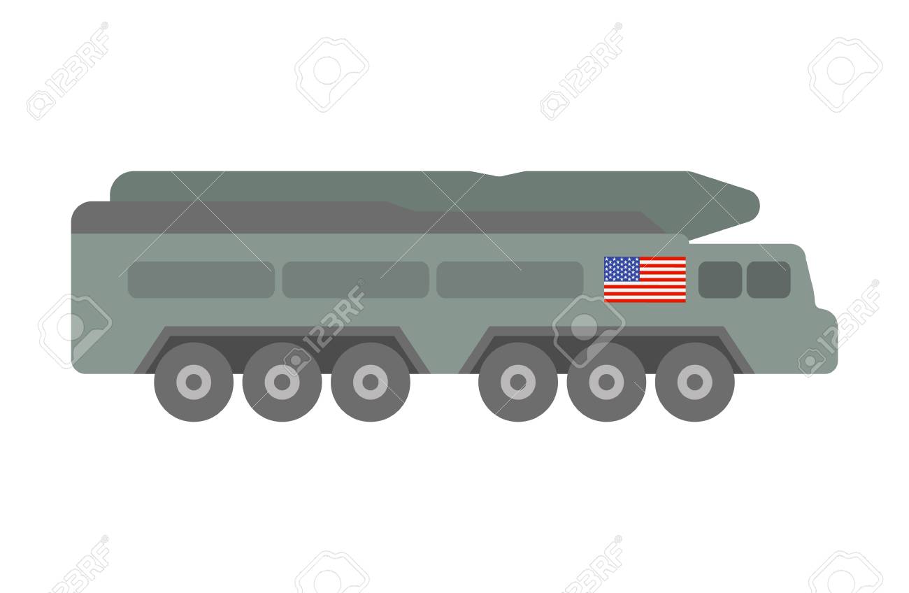白い背景の上の米国旗を持つ弾道ミサイルなどの軍事機器のベクトル イラスト 国の軍事力のトピック のイラスト素材 ベクタ Image