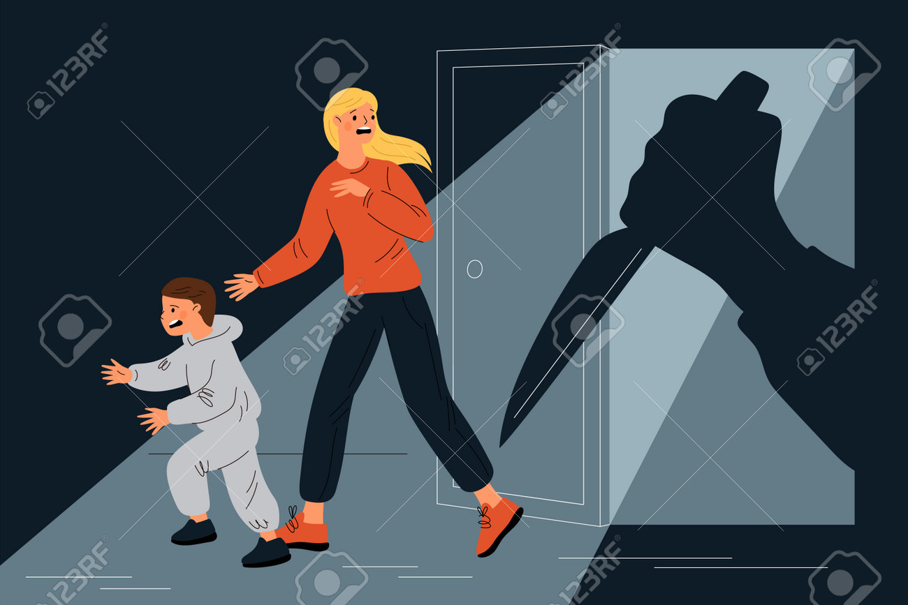 Gente Asustada Que Huye Asustada Madre Y Niño Huyendo De Amenazas Y Temores  Terrible Sombra De Ladrones Ladrones Violencia Pánico Niño Y Mujer Escapan  Del Estridente Concepto Vectorial Ilustraciones svg, vectoriales, clip