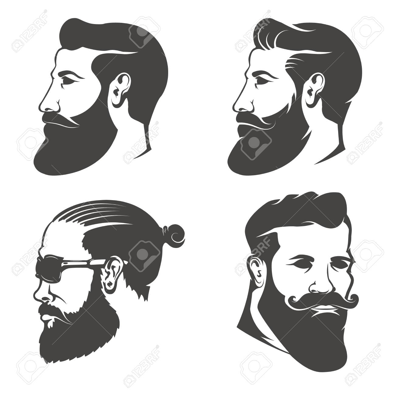 ひげを生やした男の頭の白い背景で隔離のセットです バーバー ショップのエンブレム バッジ 看板 ブランド マークの要素をデザインします ベクトルの図 のイラスト素材 ベクタ Image
