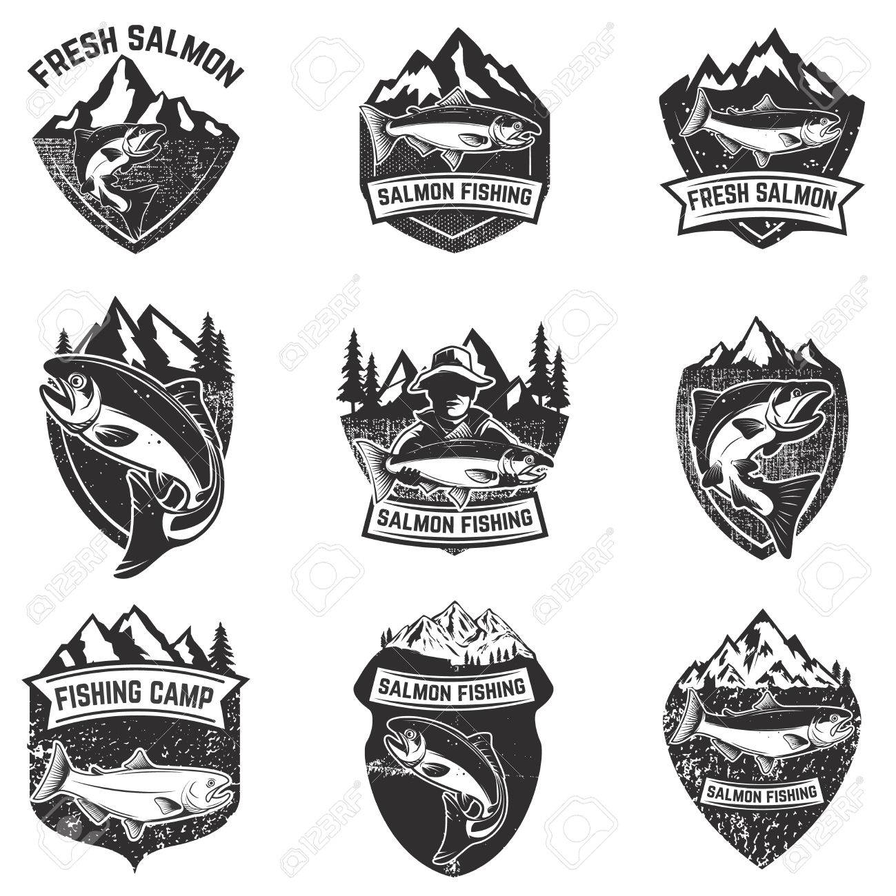 Set of grunge badges with salmon fish. Design elements for logo, label, emblem, poster, t-shirt. Vector illustration. - 73401586 Set of grunge badges with salmon fish. Design elements for logo, label, emblem, poster, t-shirt. Vector illustration. - 73401586