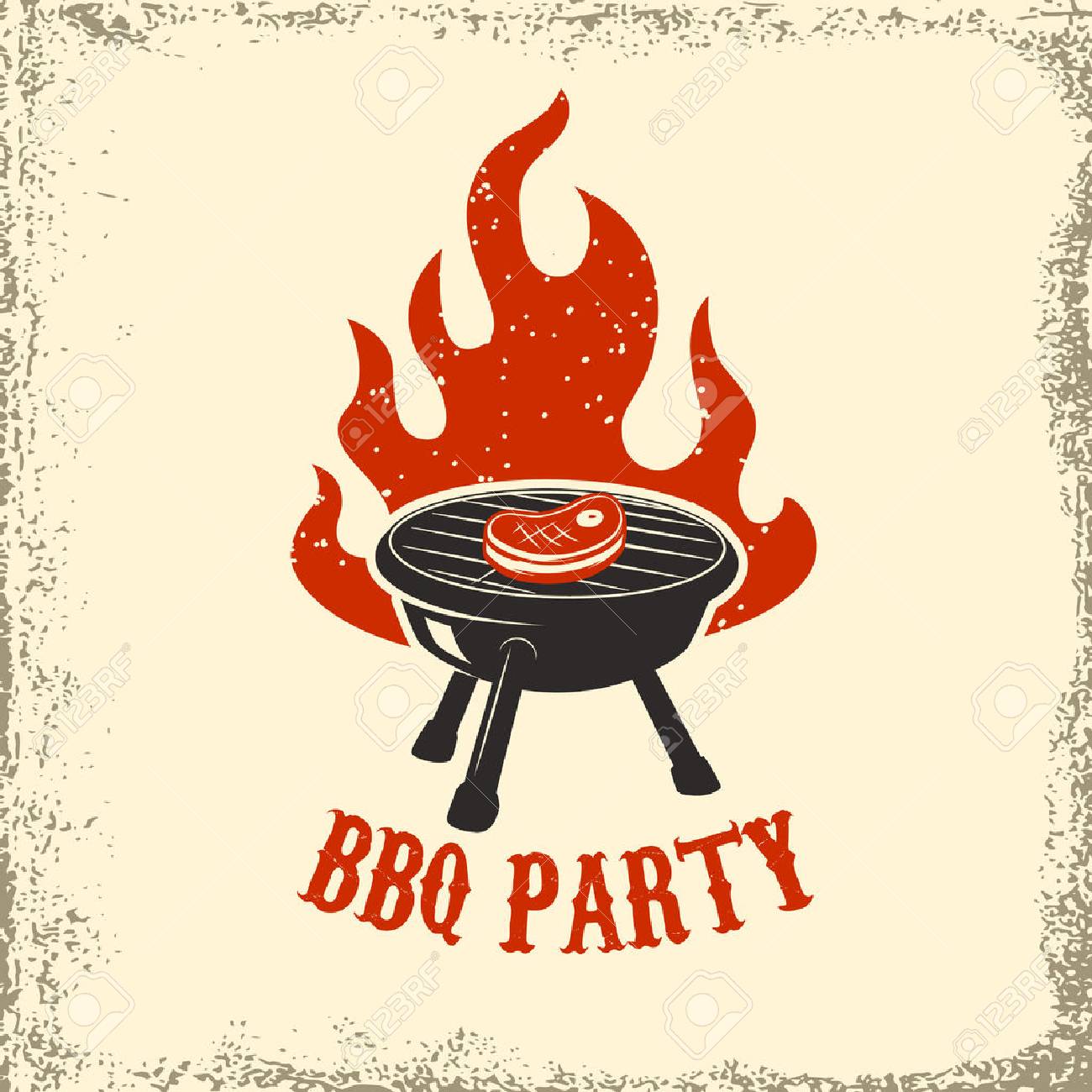 BBQ party. Grill with fire on grunge background. Design element for poster, restaurant menu. Vector illustration. - 74864261 BBQ party. Grill with fire on grunge background. Design element for poster, restaurant menu. Vector illustration. - 74864261