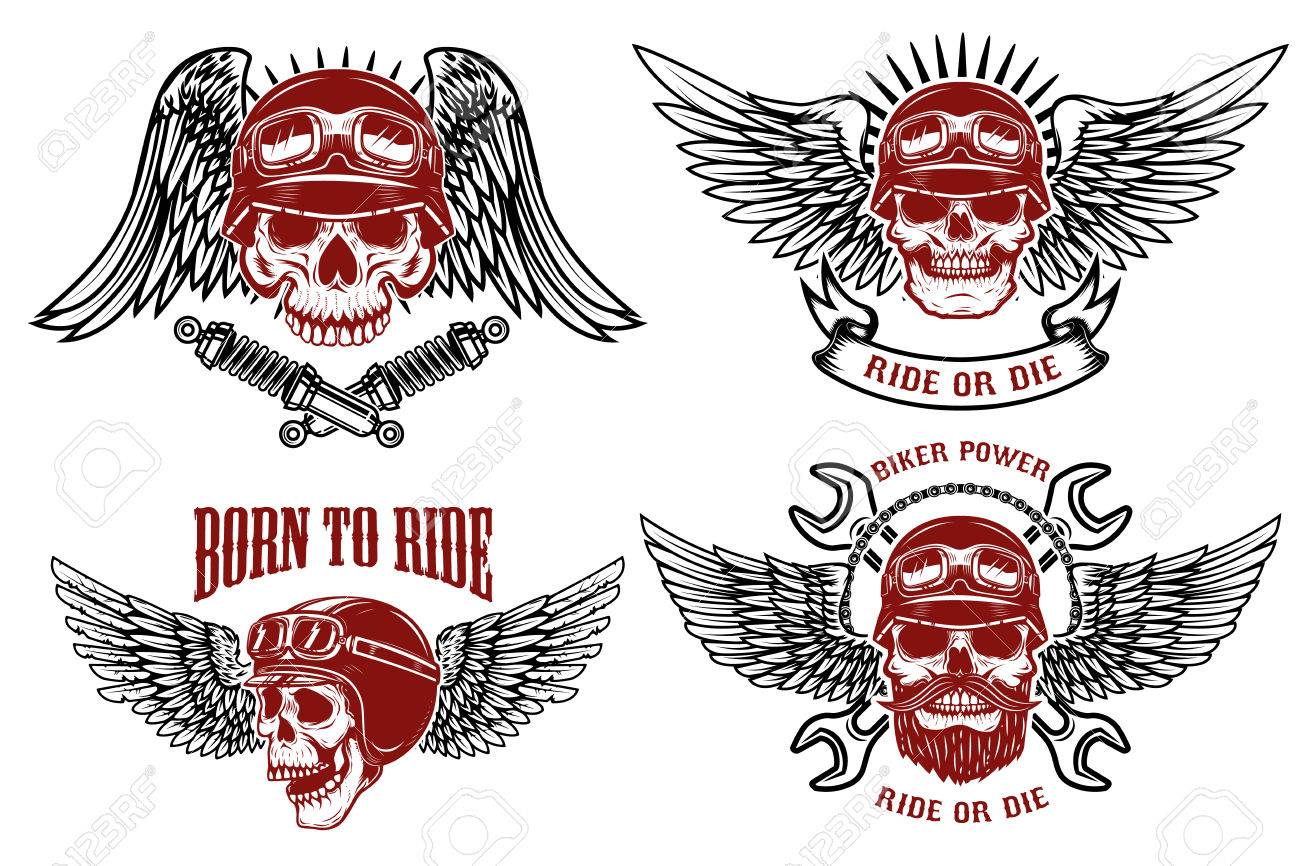 Born to ride. Set of the emblems with racer skulls. Biker club labels. Vector illustrations. - 78077253 Born to ride. Set of the emblems with racer skulls. Biker club labels. Vector illustrations. - 78077253