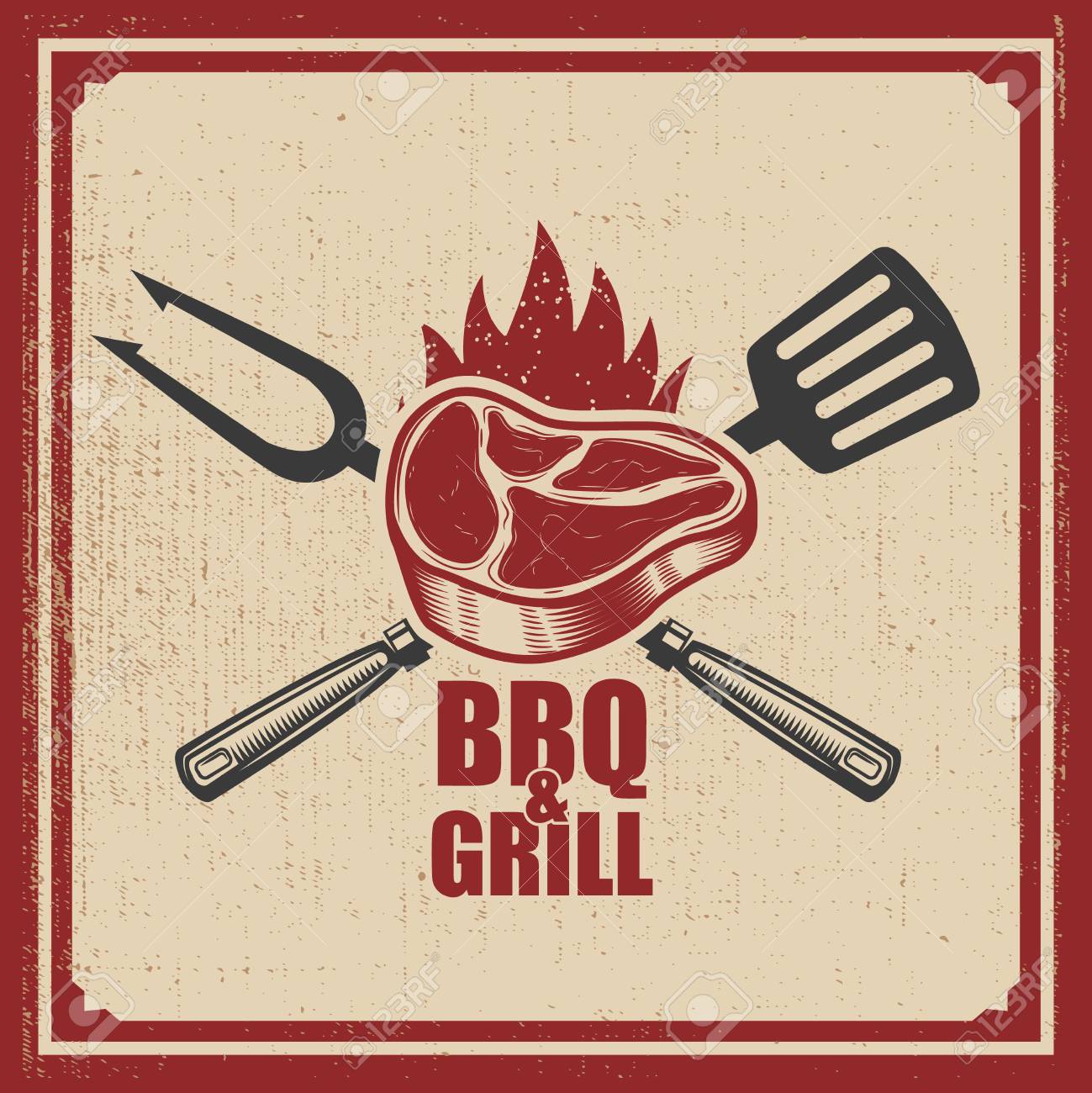 Barbacoa Y Parrilla. Carne A La Parrilla Con Tenedor Y Cocina Espátula Fondo De Grunge. Elementos De Diseño El Cartel, Emblema, Signo. Ilustración Del Vector Ilustraciones Svg, Vectoriales, Clip Art