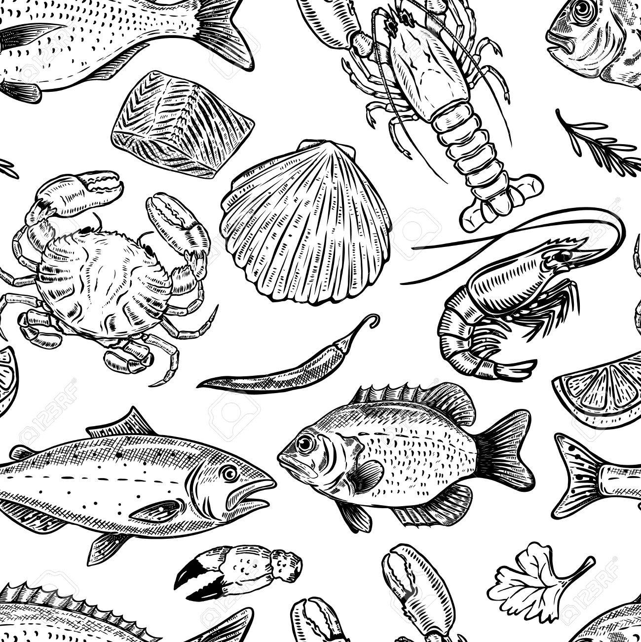 Seafood hand drawn seamless pattern. Design element for poster, wrapping paper. Vector illustration - 81715630 Seafood hand drawn seamless pattern. Design element for poster, wrapping paper. Vector illustration - 81715630