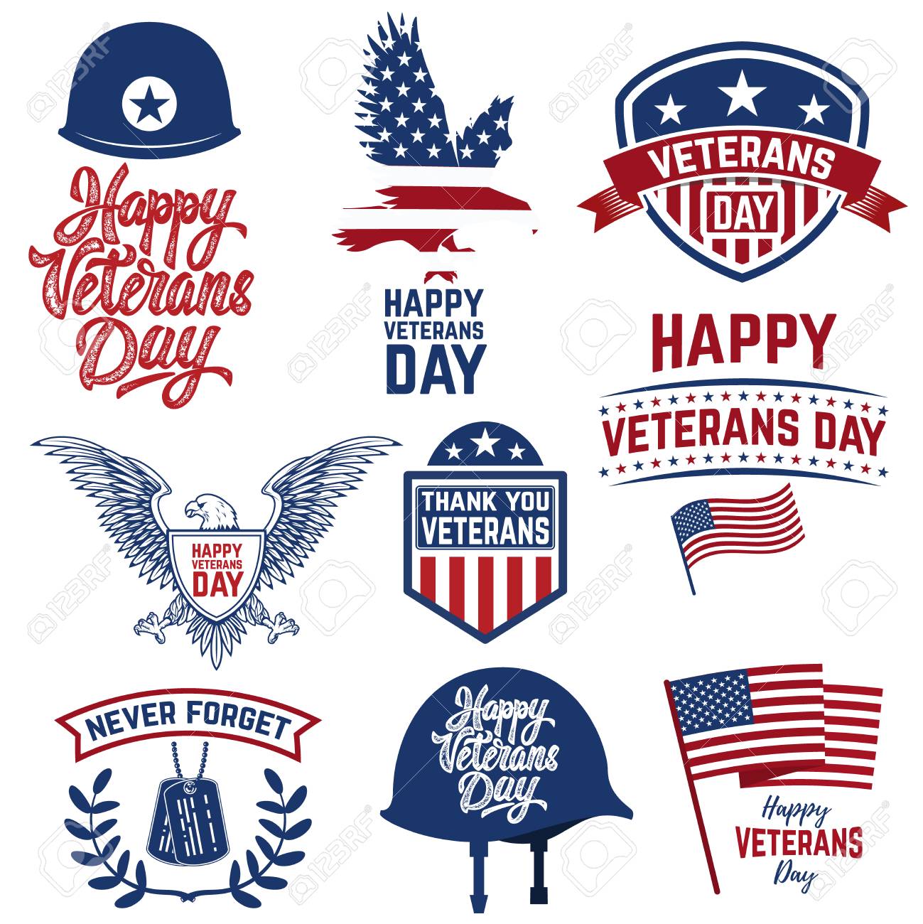 set of happy veterans day emblems emblems with american flags