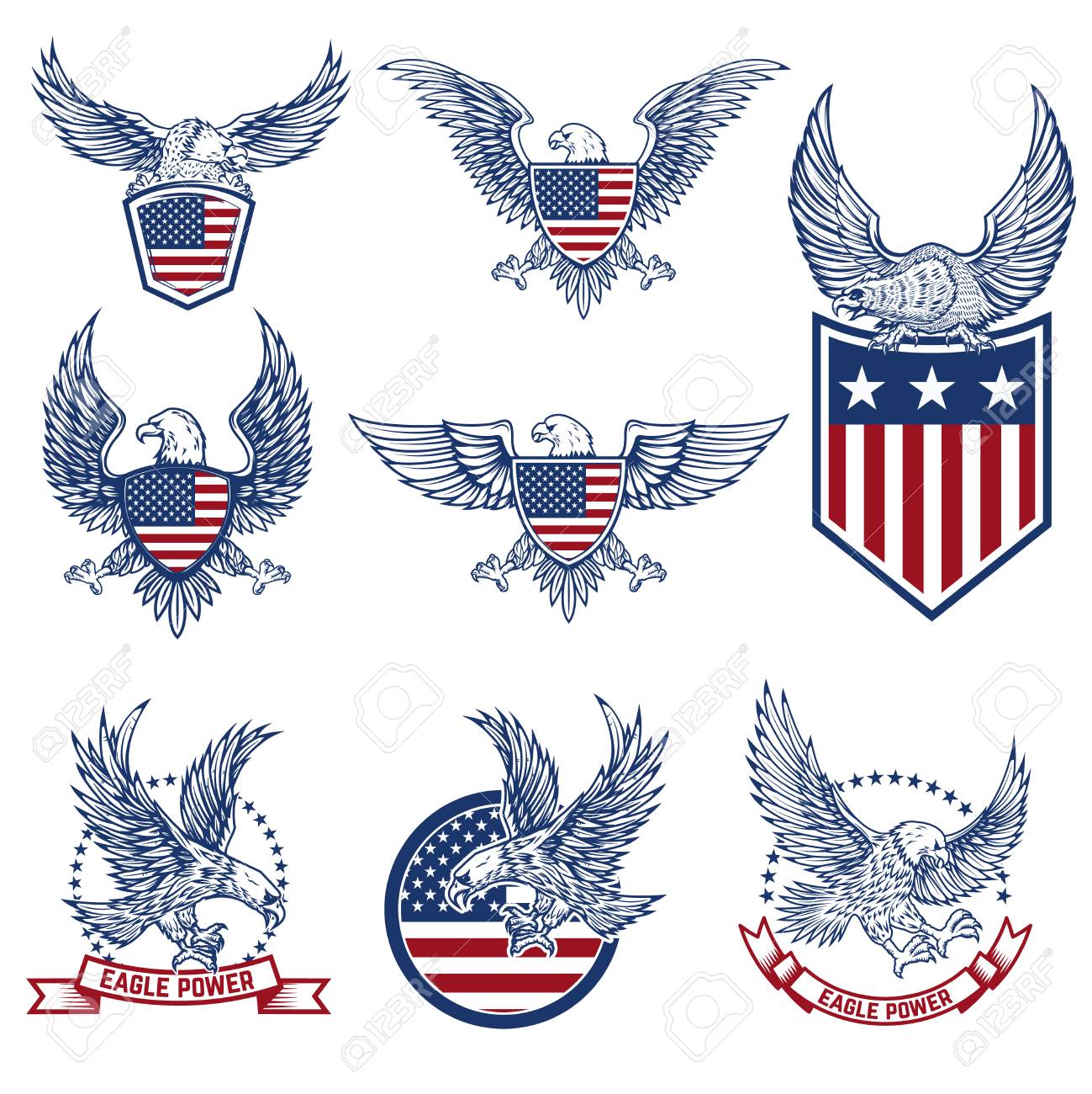 鷲とアメリカ国旗とエンブレムのセットです。ロゴ、ラベル、紋章、記号