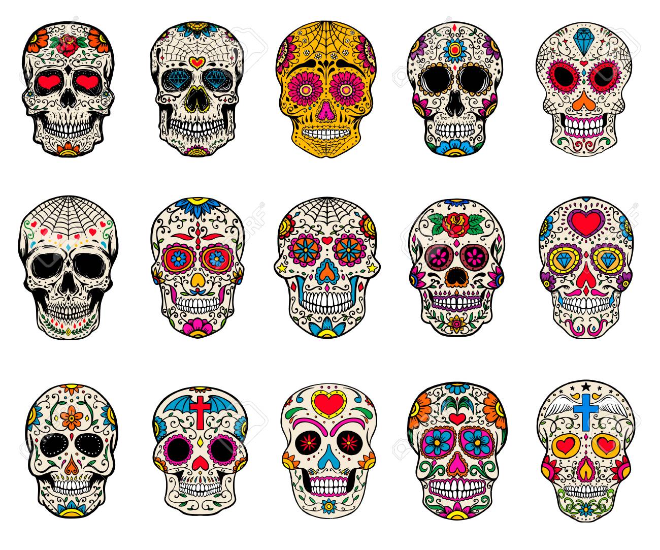 Set of sugar skulls illustrations. Dead day. Dia de los muertos. Design elements for poster, card, flyer, banner. Vector illustration. - 87971493 Set of sugar skulls illustrations. Dead day. Dia de los muertos. Design elements for poster, card, flyer, banner. Vector illustration. - 87971493