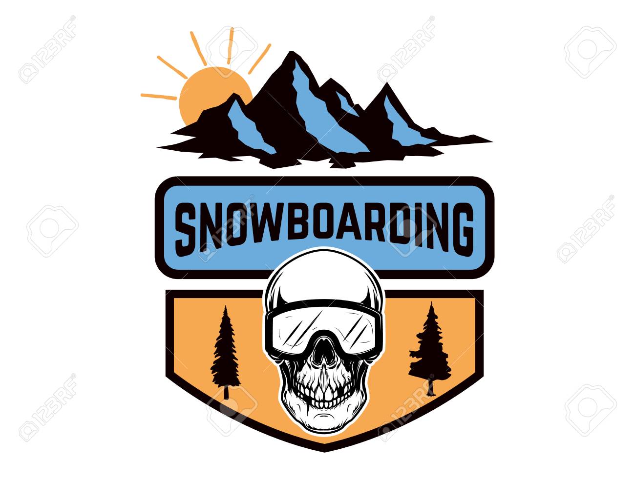 スノーボード スノーボーダーの頭蓋骨を持つエンブレム ロゴ ラベル エンブレム 記号のデザイン要素 ベクトルイラスト のイラスト素材 ベクタ Image