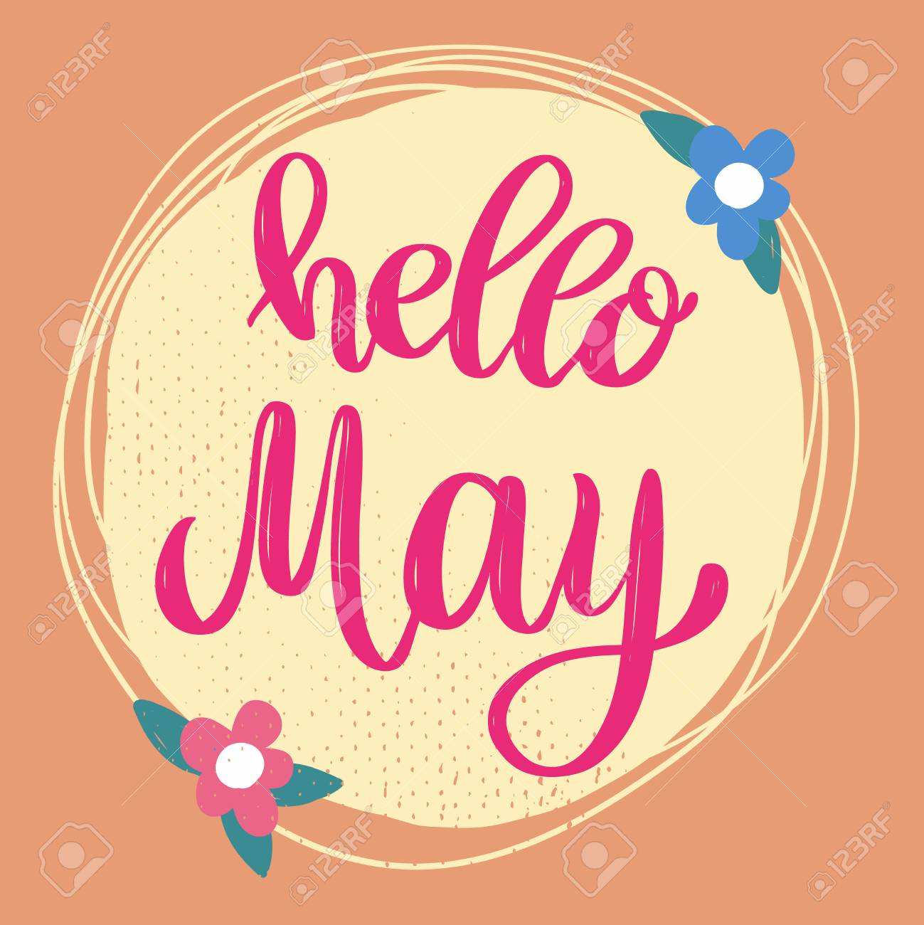 Hola Mayo Frase De Letras Sobre Fondo Con Decoracion De Flores