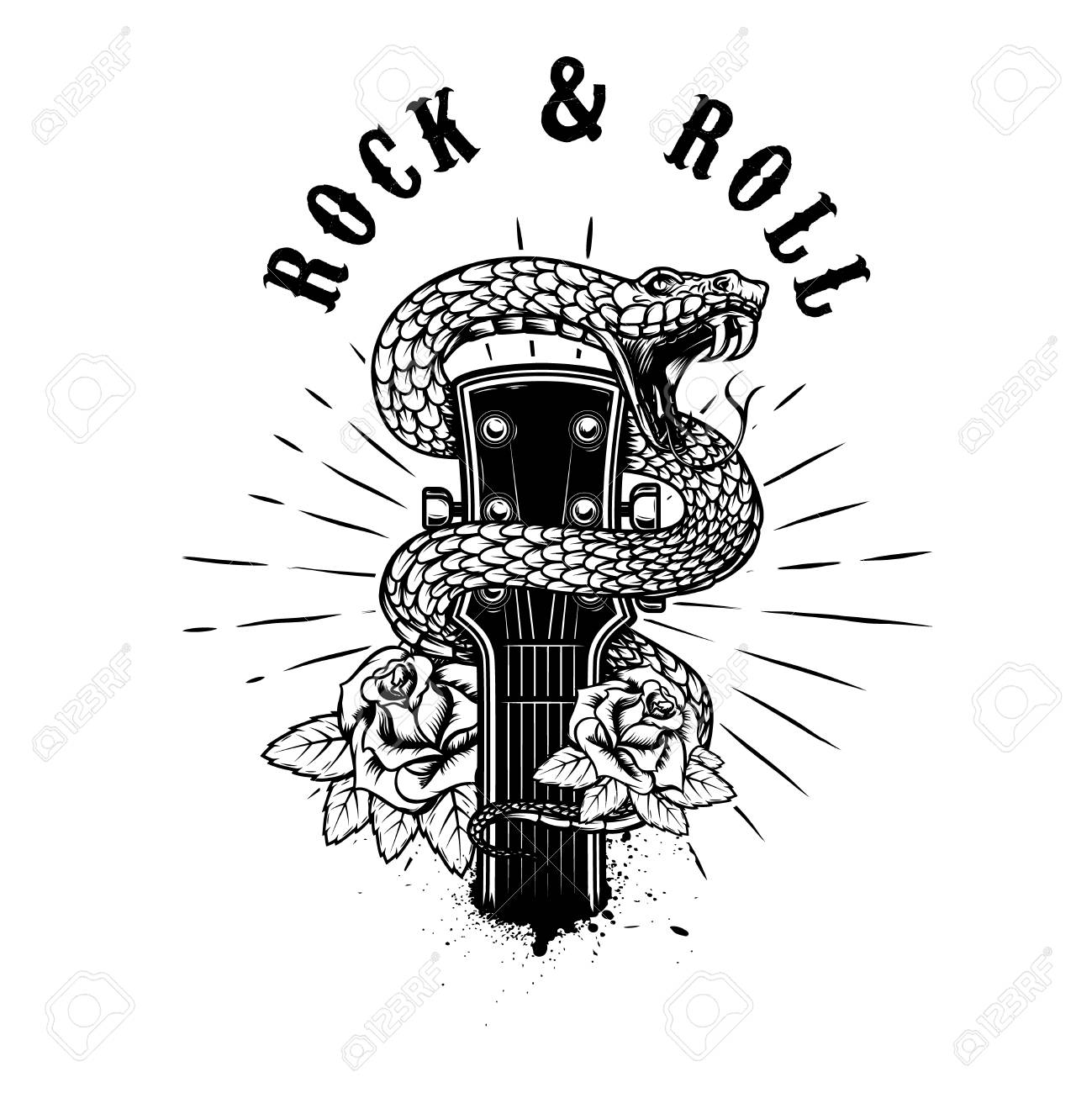 Rock and roll. Guitar head with snake and roses. Design element for poster, card, banner, emblem, shirt. Vector illustration - 100382388 Rock and roll. Guitar head with snake and roses. Design element for poster, card, banner, emblem, shirt. Vector illustration - 100382388