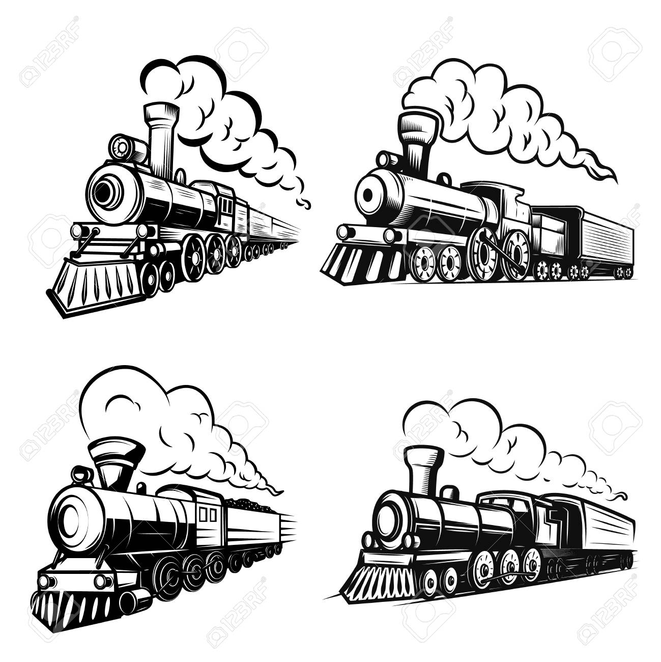 Set of retro locomotives on white background. Design elements for logo, label, emblem, sign. Vector image - 101214308 Set of retro locomotives on white background. Design elements for logo, label, emblem, sign. Vector image - 101214308