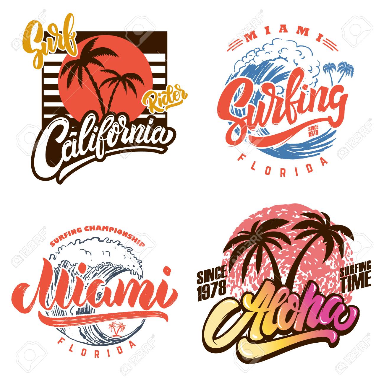 Hawaii surfing club. Miami. Poster templates with lettering and palms. Vector image - 105948494 Hawaii surfing club. Miami. Poster templates with lettering and palms. Vector image - 105948494