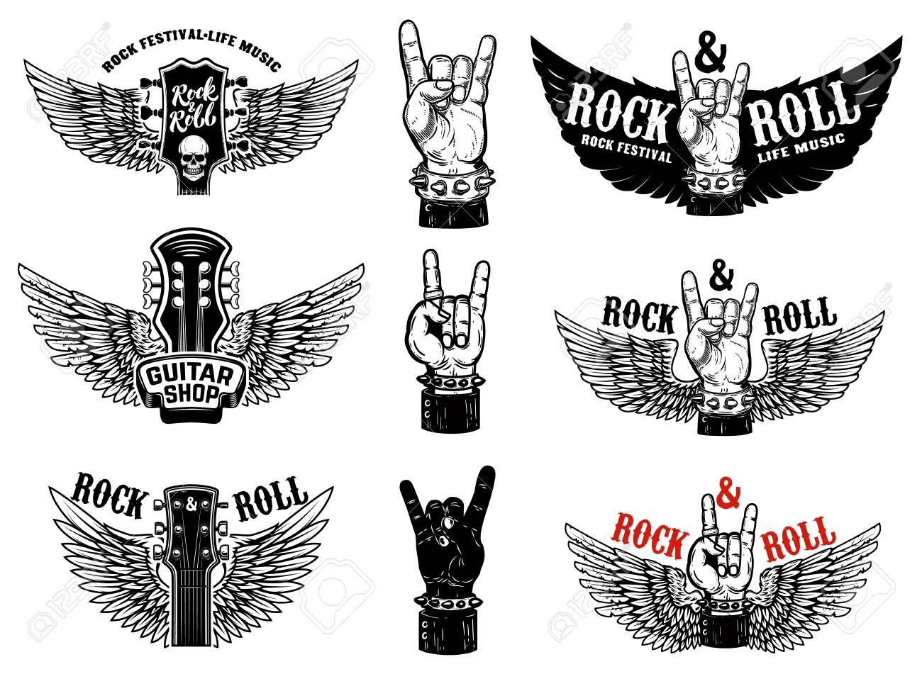 Set of vintage rock music fest emblems. Hand with Rock and roll sign with wings. Design element for logo, label, sign, poster, t shirt. Vector illustration - 109916143 Set of vintage rock music fest emblems. Hand with Rock and roll sign with wings. Design element for logo, label, sign, poster, t shirt. Vector illustration - 109916143