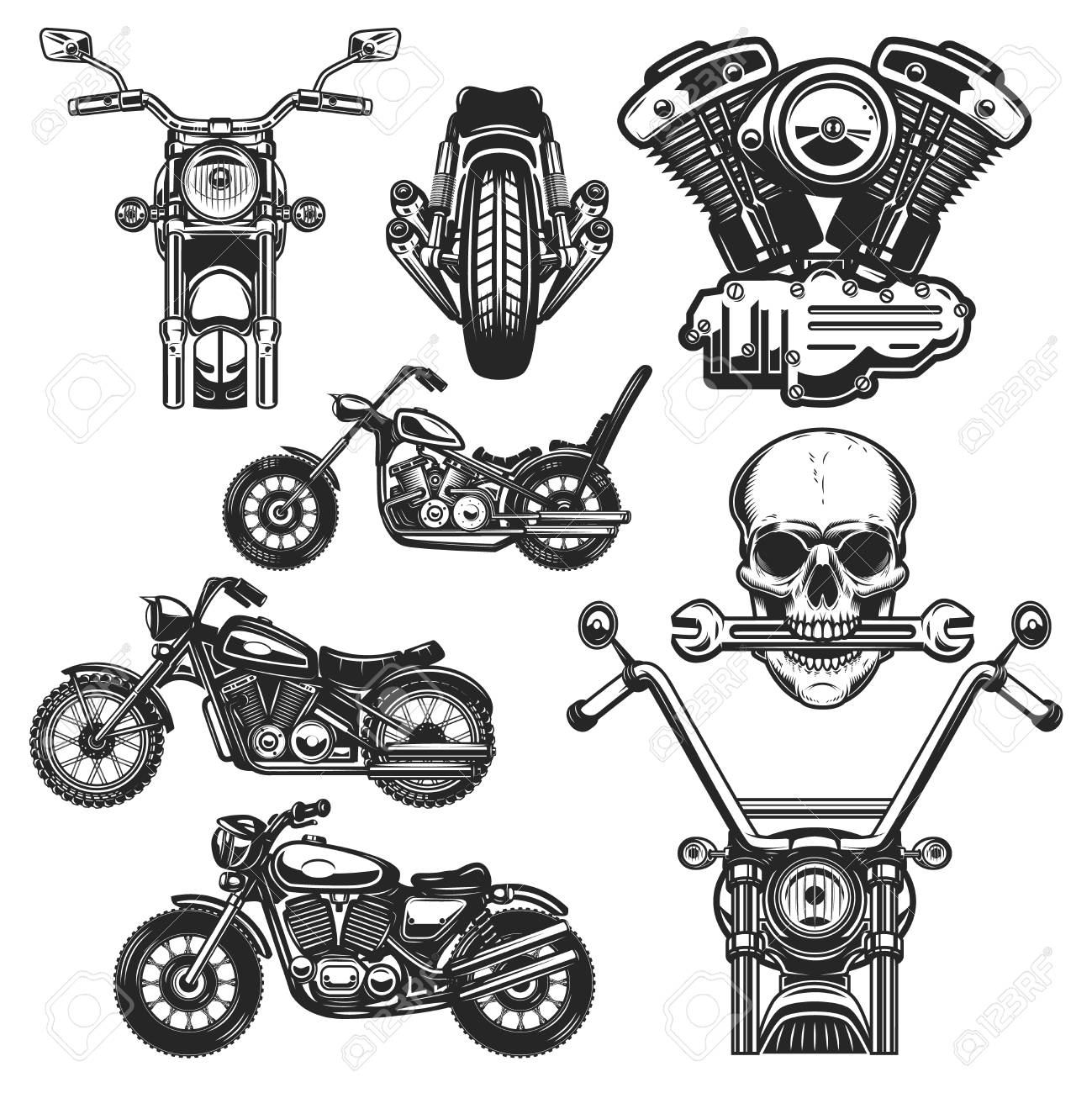 Set Of Motorcycle Design Elements. For Logo, Label, Emblem, Sign, Poster, T  Shirt. Royalty Free SVG, Cliparts, Vectors, and Stock Illustration. Image  114137426., image size:1299x1300