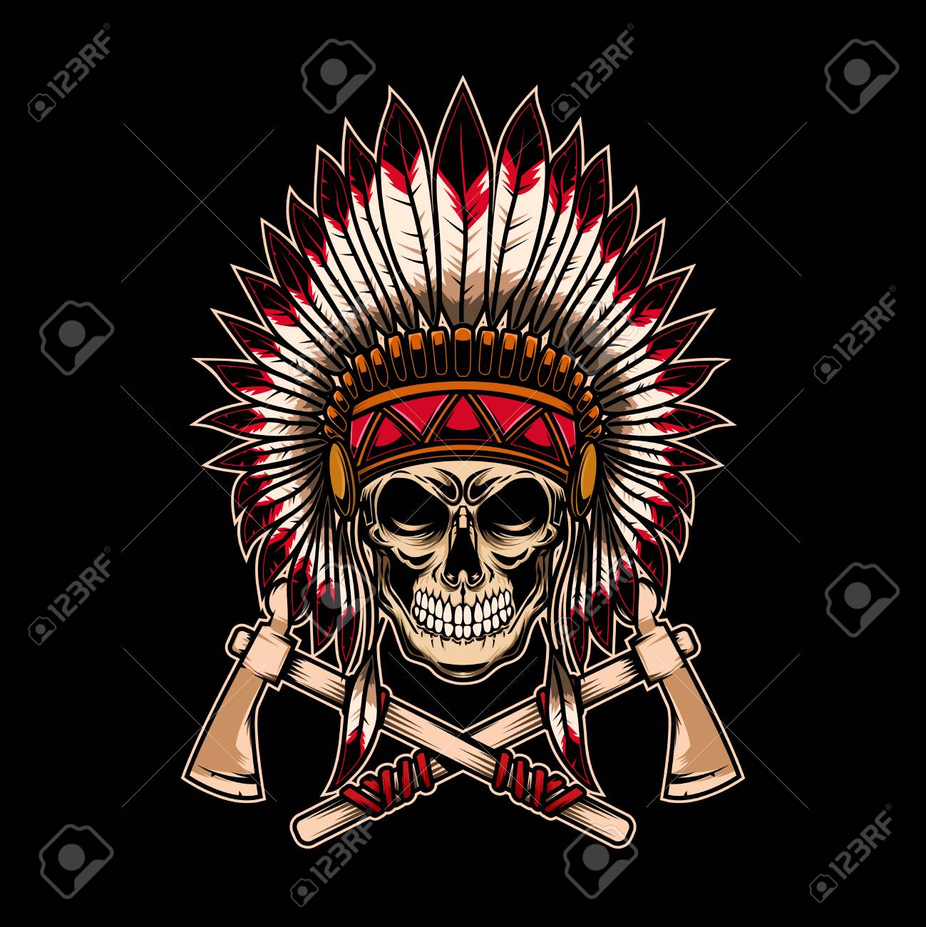 Native indian chief skull with crossed tomahawks on dark background. Design element for logo, label, emblem, sign. Vector illustration - 126631598 Native indian chief skull with crossed tomahawks on dark background. Design element for logo, label, emblem, sign. Vector illustration - 126631598