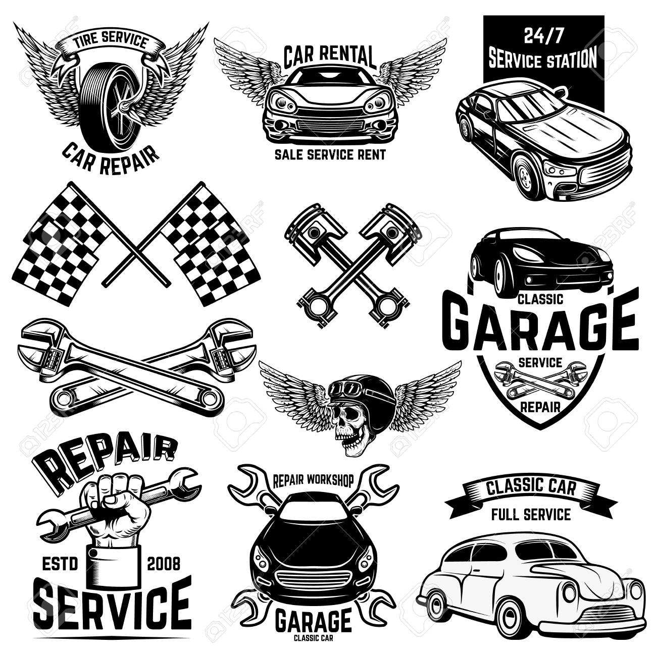 Set of car service station emblems and design elements. For logo, label, sign, banner, t shirt, poster. Vector illustration - 115915340 Set of car service station emblems and design elements. For logo, label, sign, banner, t shirt, poster. Vector illustration - 115915340