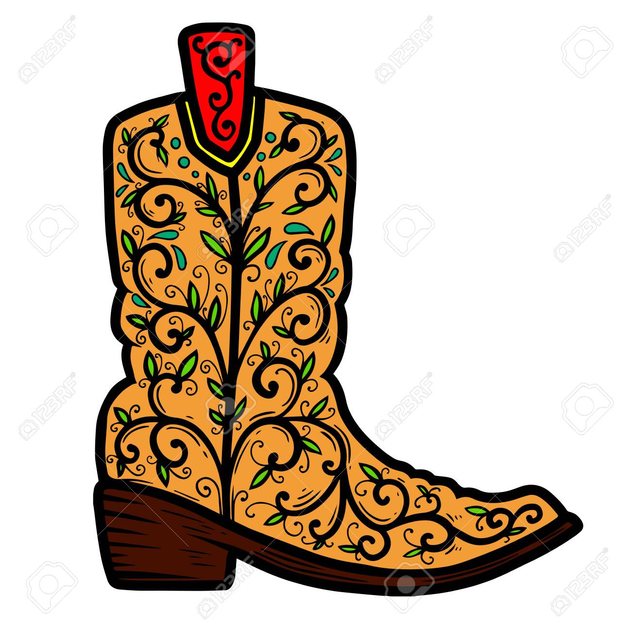 Cowboy boot with floral pattern. Design element for poster, t shirt, emblem, sign. - 125980960 Cowboy boot with floral pattern. Design element for poster, t shirt, emblem, sign. - 125980960