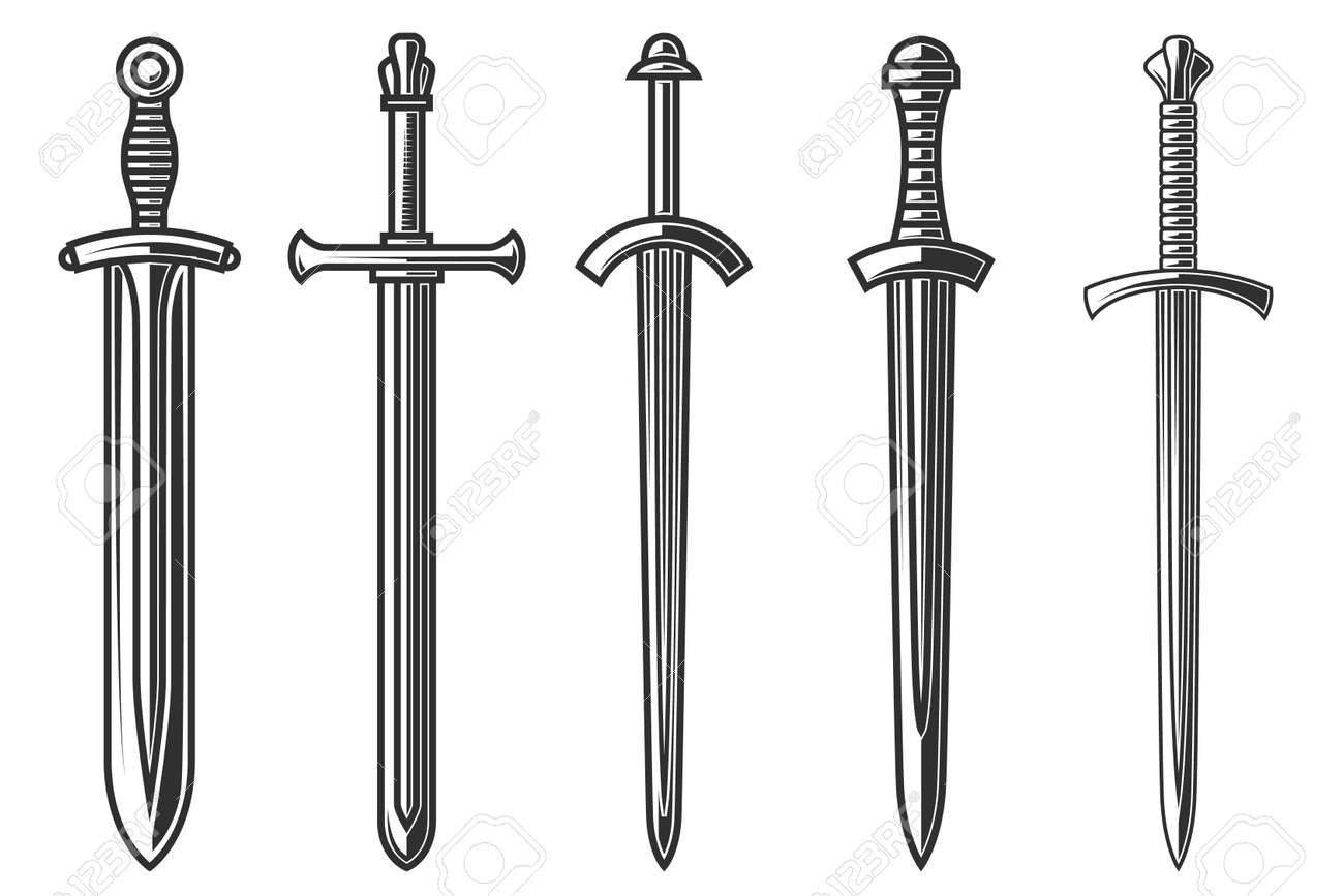 Set of illustrations of ancient swords in engraving style. - 154399708 Set of illustrations of ancient swords in engraving style. - 154399708