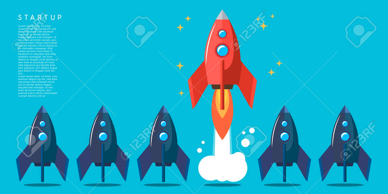 Rocket launch. Business startup concept. Design element for poster, card, banner, sign. Vector illustration - 170554425 Rocket launch. Business startup concept. Design element for poster, card, banner, sign. Vector illustration - 170554425
